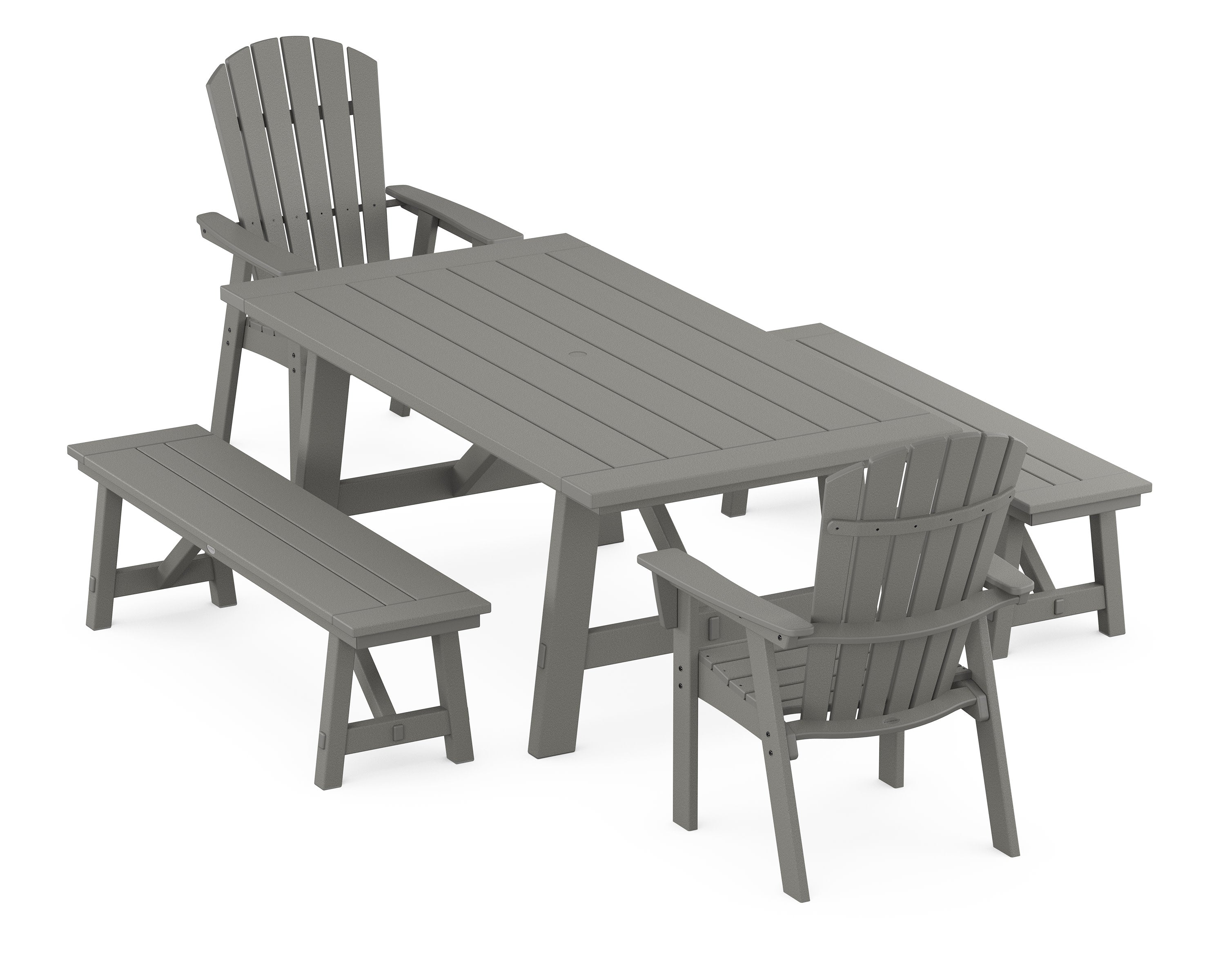 Nautical Curveback Adirondack 5-Piece Rustic Farmhouse Dining Set With Benches in Slate Grey