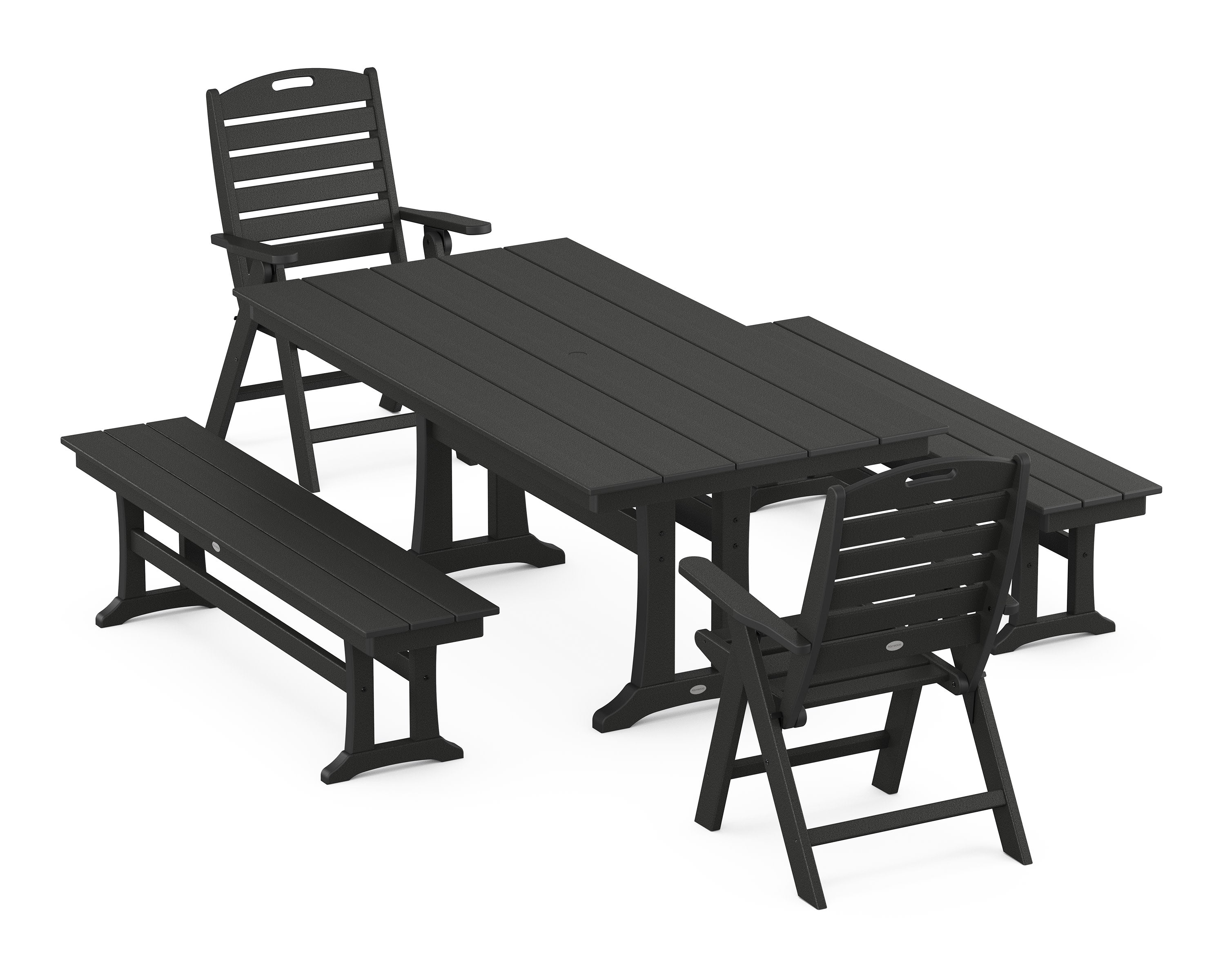 Nautical Folding Highback Chair 5-Piece Farmhouse Dining Set With Trestle Legs and Benches in Black