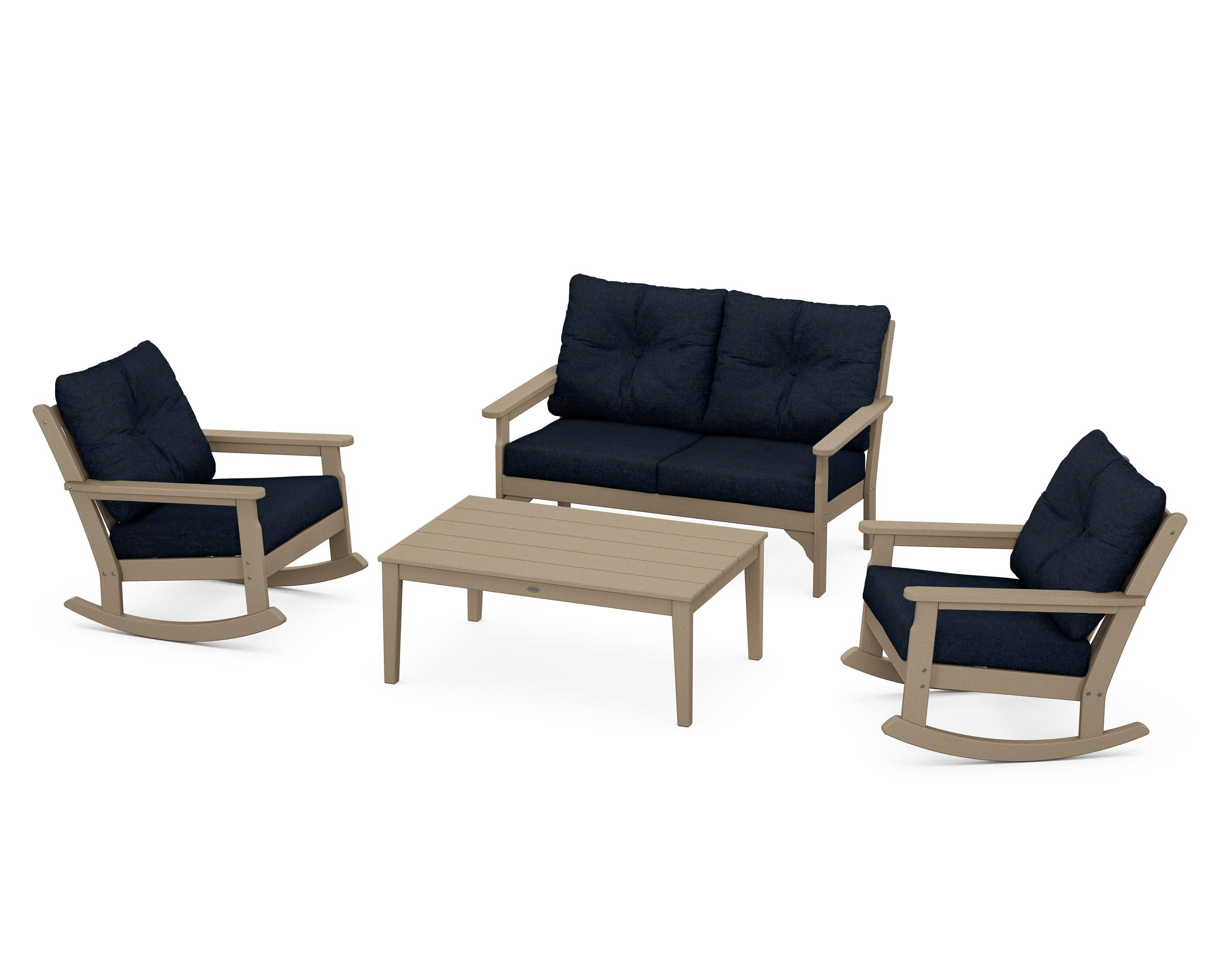 Vineyard 4-Piece Deep Seating Rocking Chair Set in Vintage Sahara / Marine Indigo