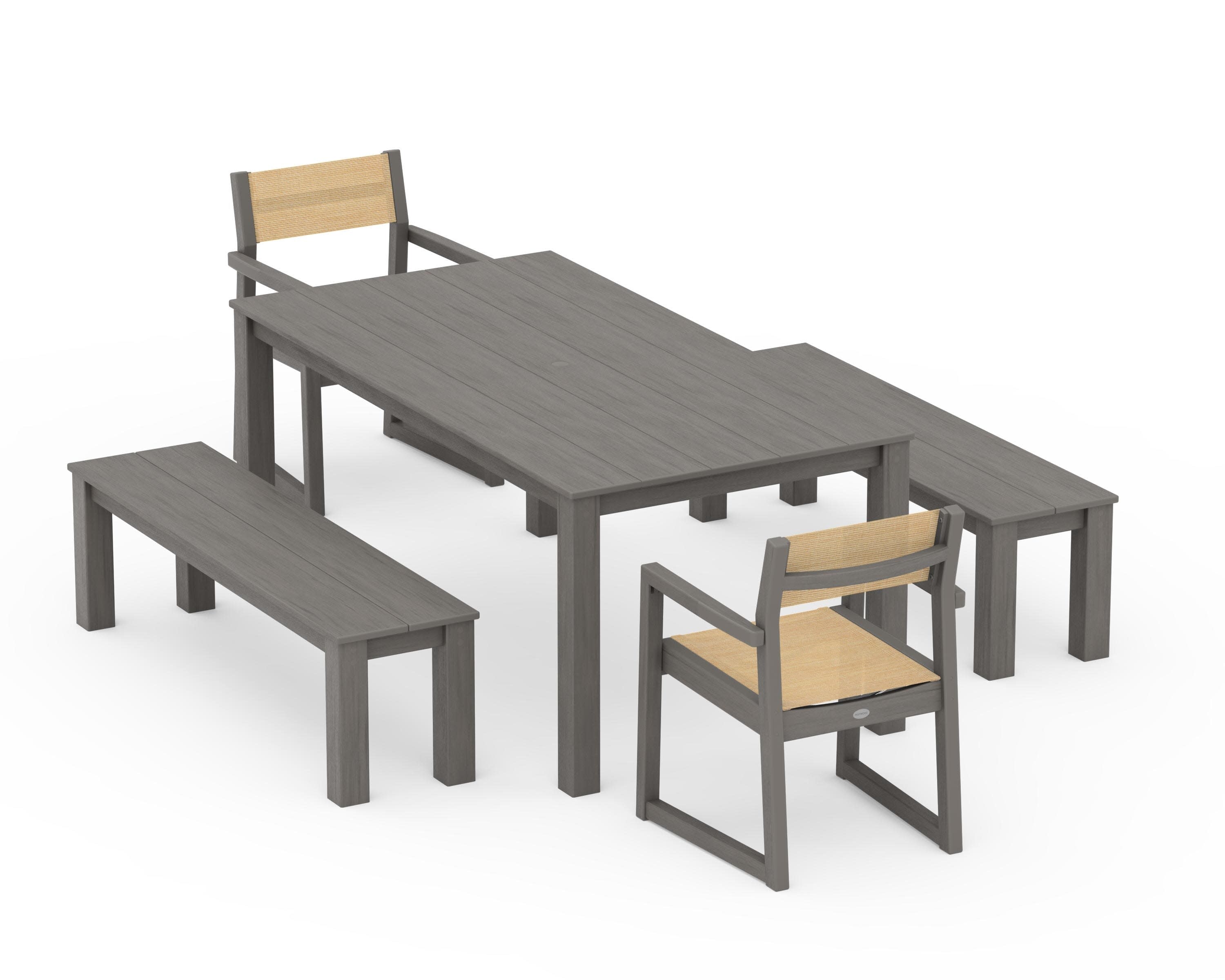 EDGE Sling Arm Chair 5-Piece Parsons Dining Set with Benches in Driftwood / Dupioni Apricot Sling
