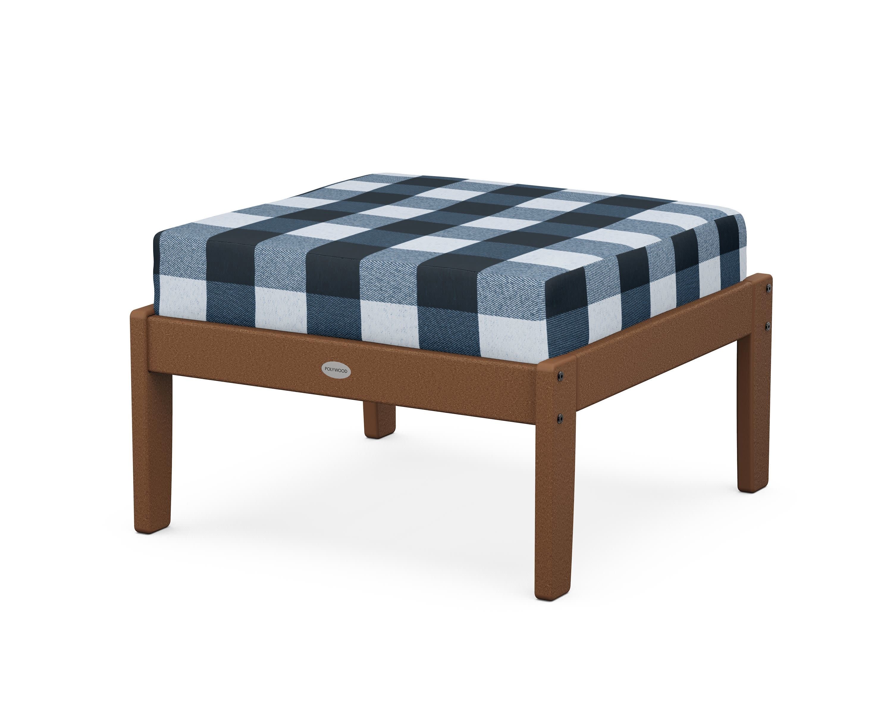 Braxton Deep Seating Ottoman in Teak / Buffalo Plaid Marine Indigo