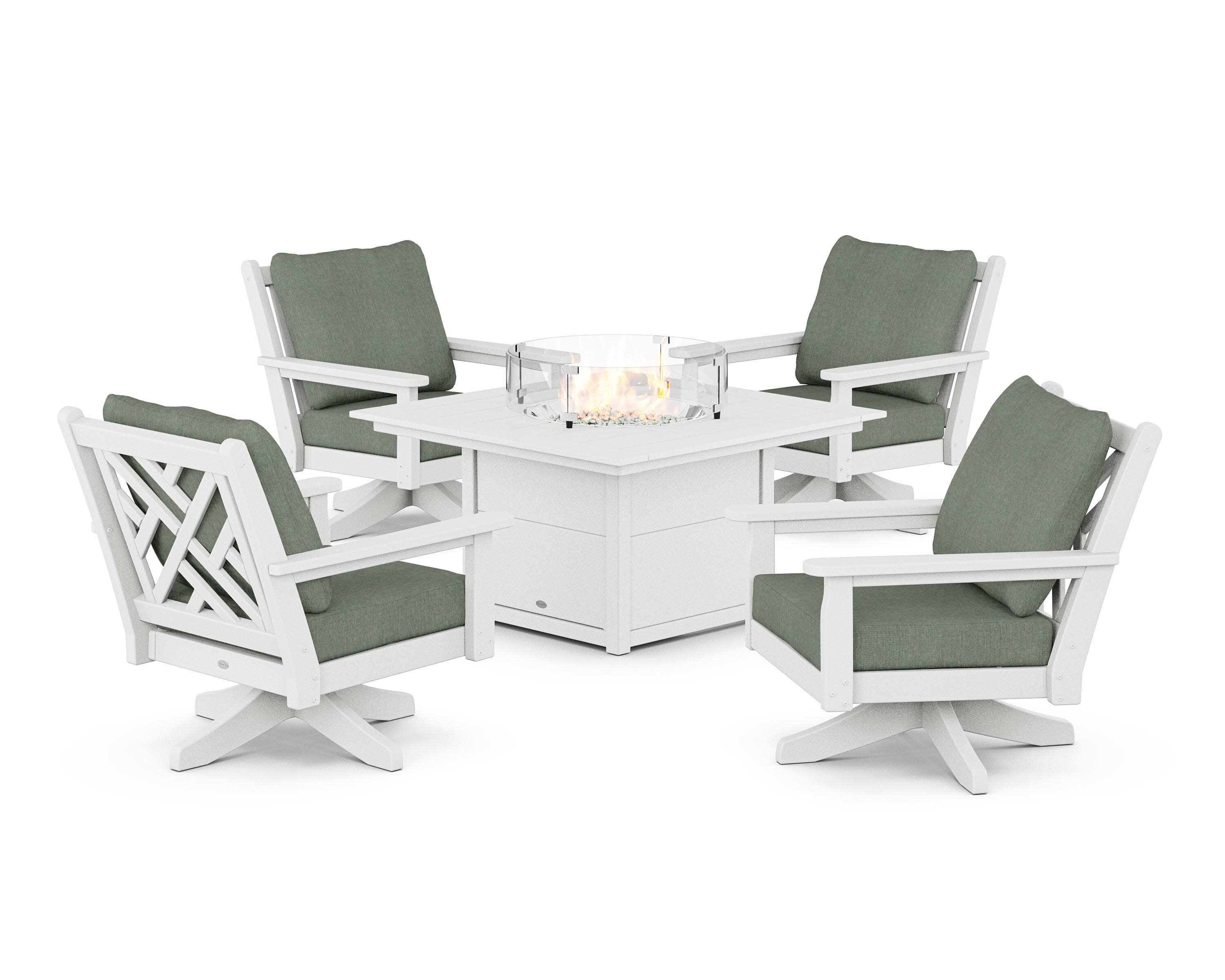 Chippendale 5-Piece Deep Seating Swivel Conversation Set with Fire Pit Table in White / Cast Sage