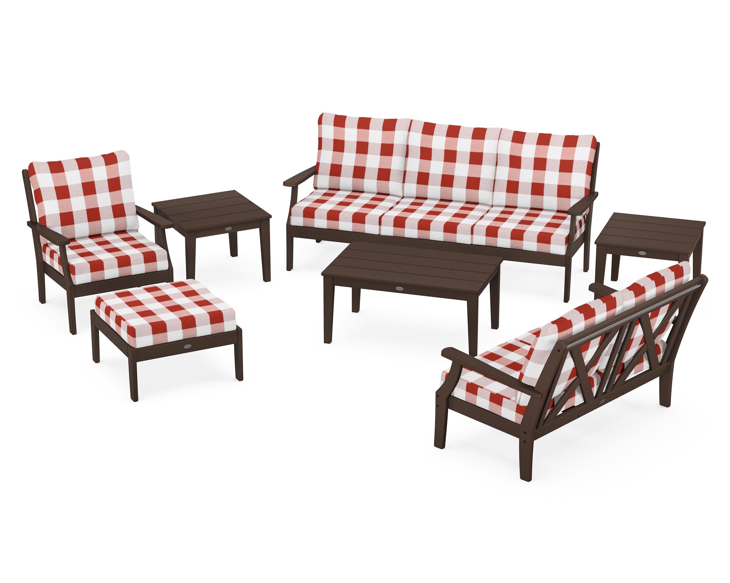 Braxton 7-Piece Deep Seating Set in Mahogany / Buffalo Plaid Crimson