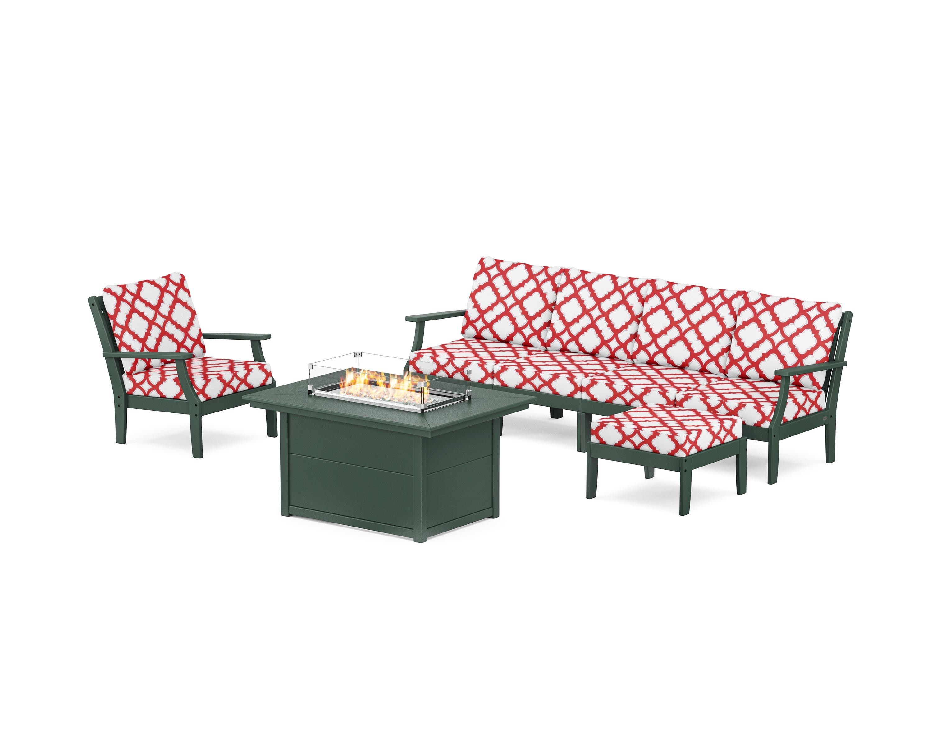 Braxton Sectional Lounge and Fire Pit Set in Green / Trellis Crimson