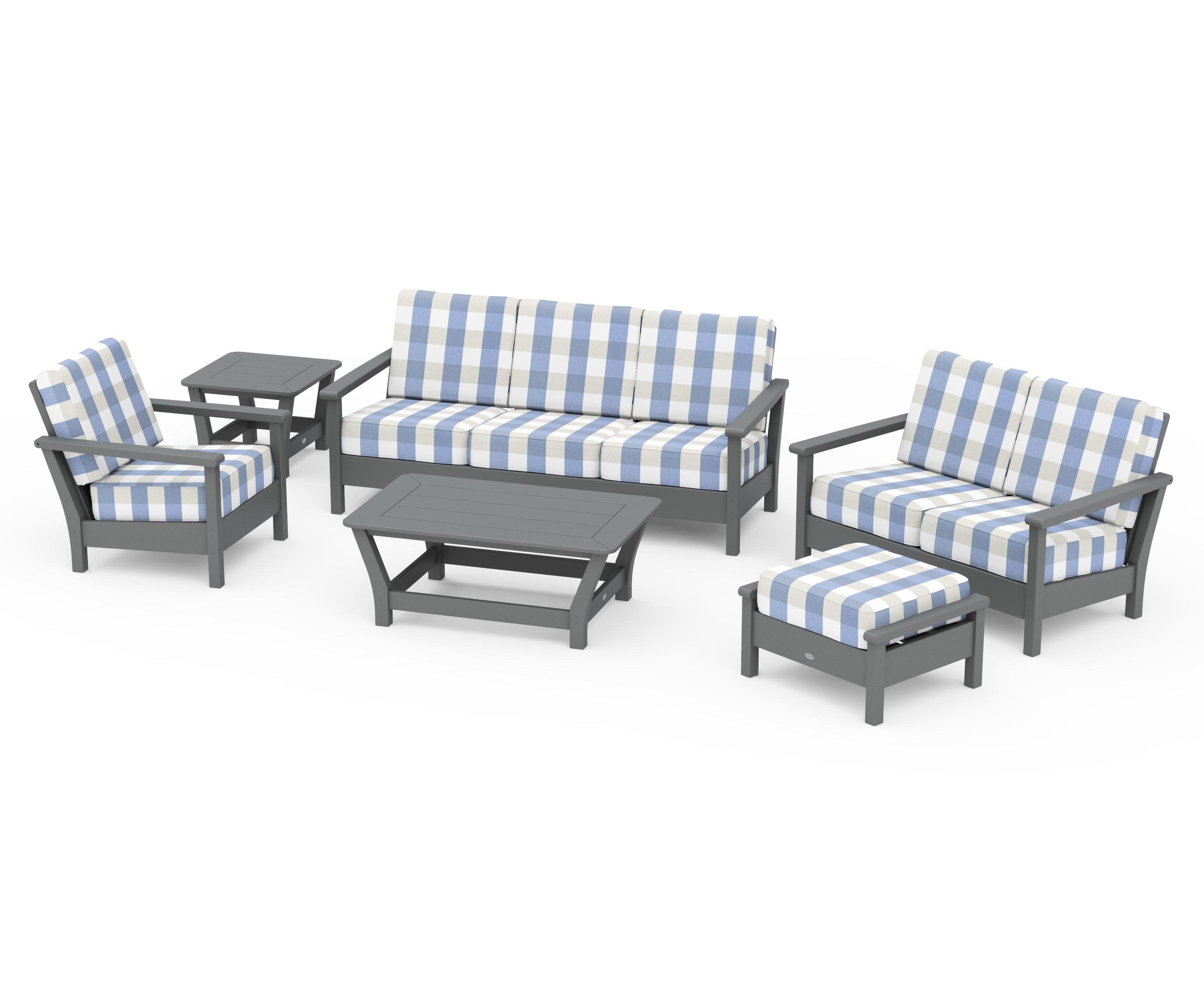 Harbour 6-Piece Outdoor Living Set in Slate Grey / Buffalo Plaid Sky Blue