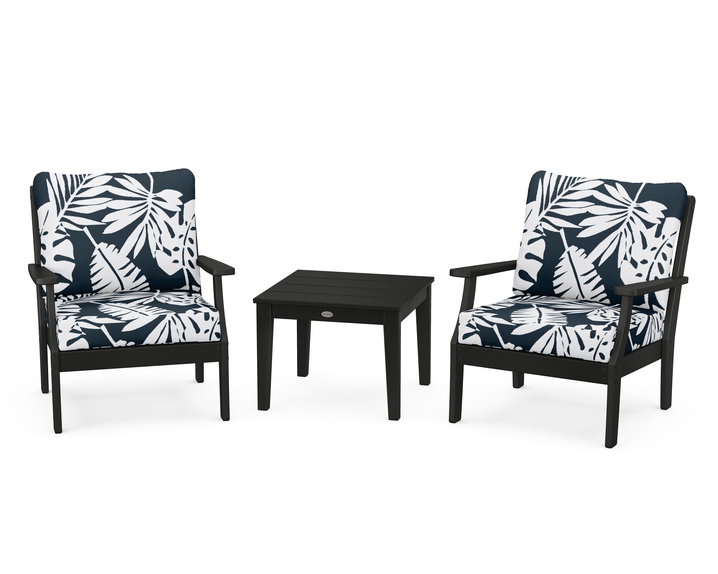 Braxton 3-Piece Deep Seating Set in Black / Leaf Marine Indigo