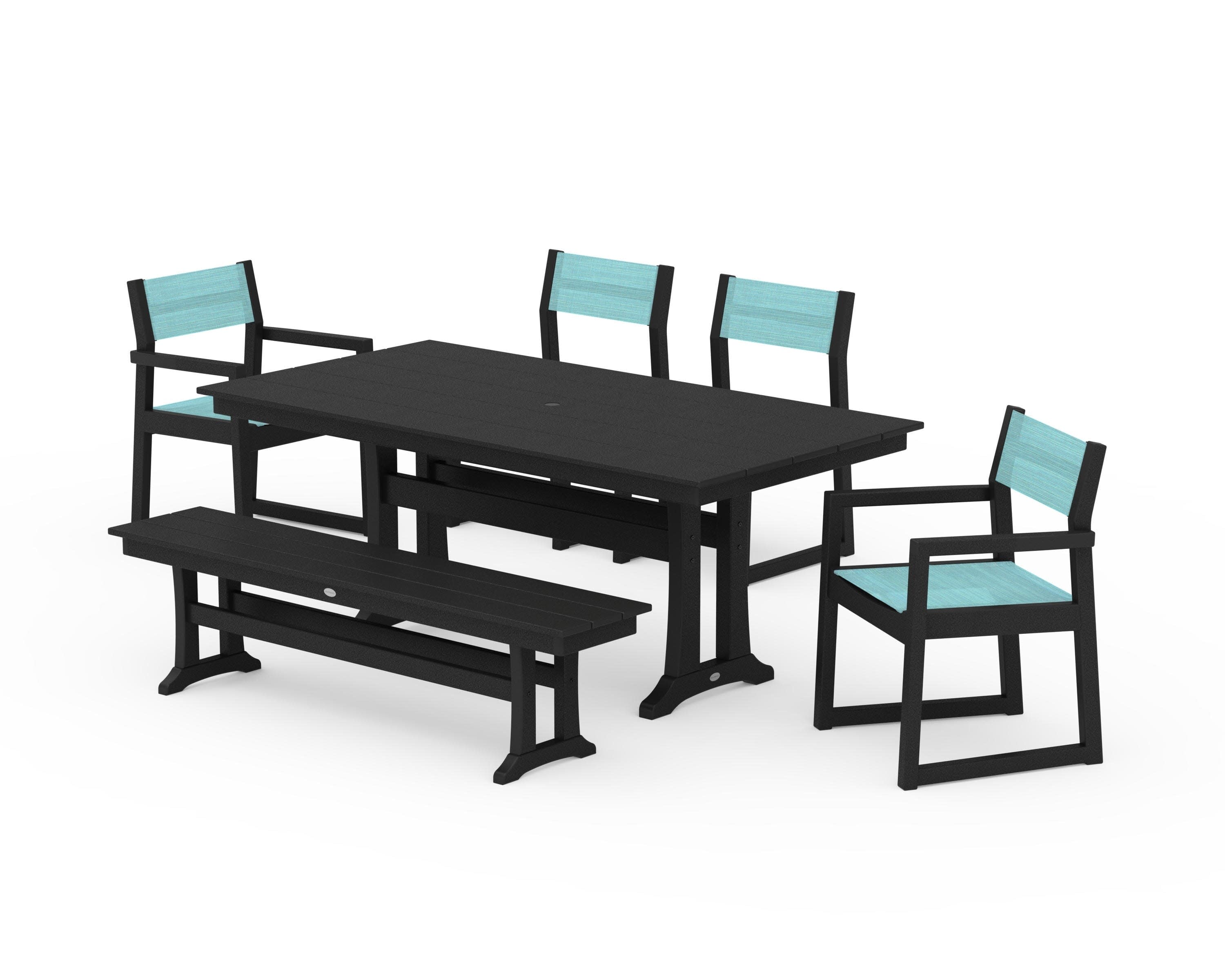 EDGE Sling 6-Piece Farmhouse Dining Set With Trestle Legs in Black / Dupioni Aquamarine Sling