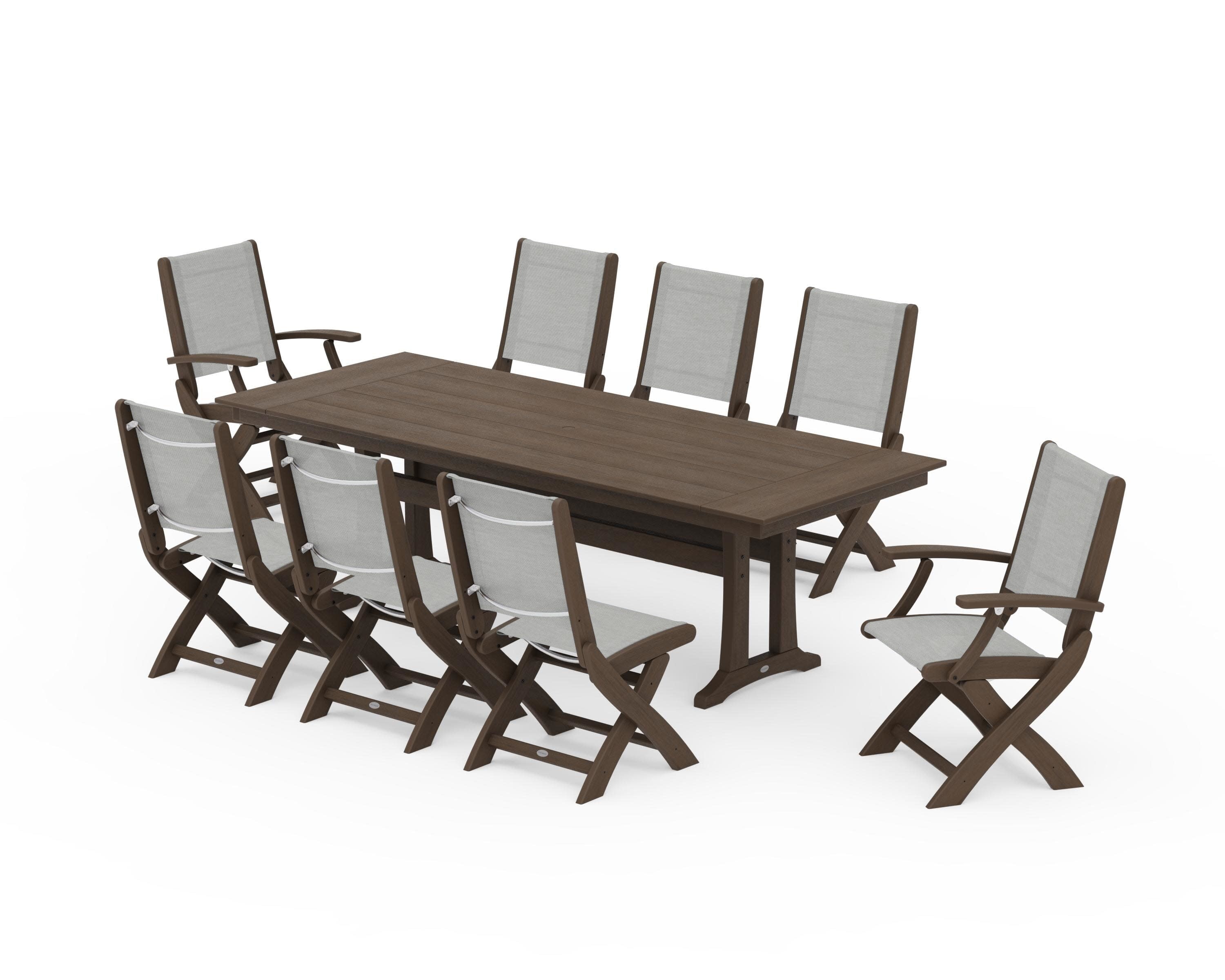 Coastal 9-Piece Folding Dining Chair Farmhouse Dining Set with Trestle Legs in Kona / Metallic Sling