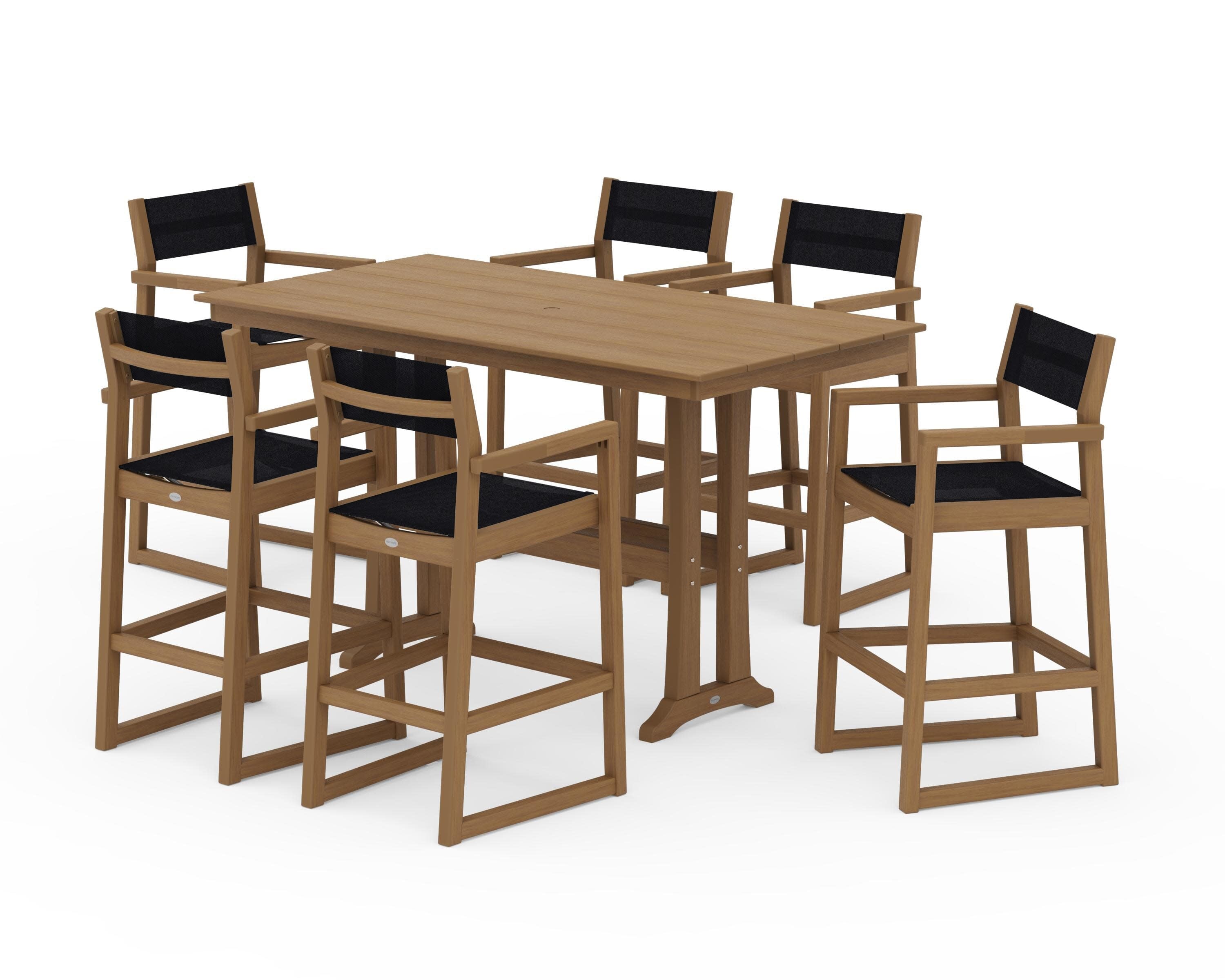 EDGE Sling Arm Chair 7-Piece Farmhouse Bar Set with Trestle Legs in Natural / Black Sling