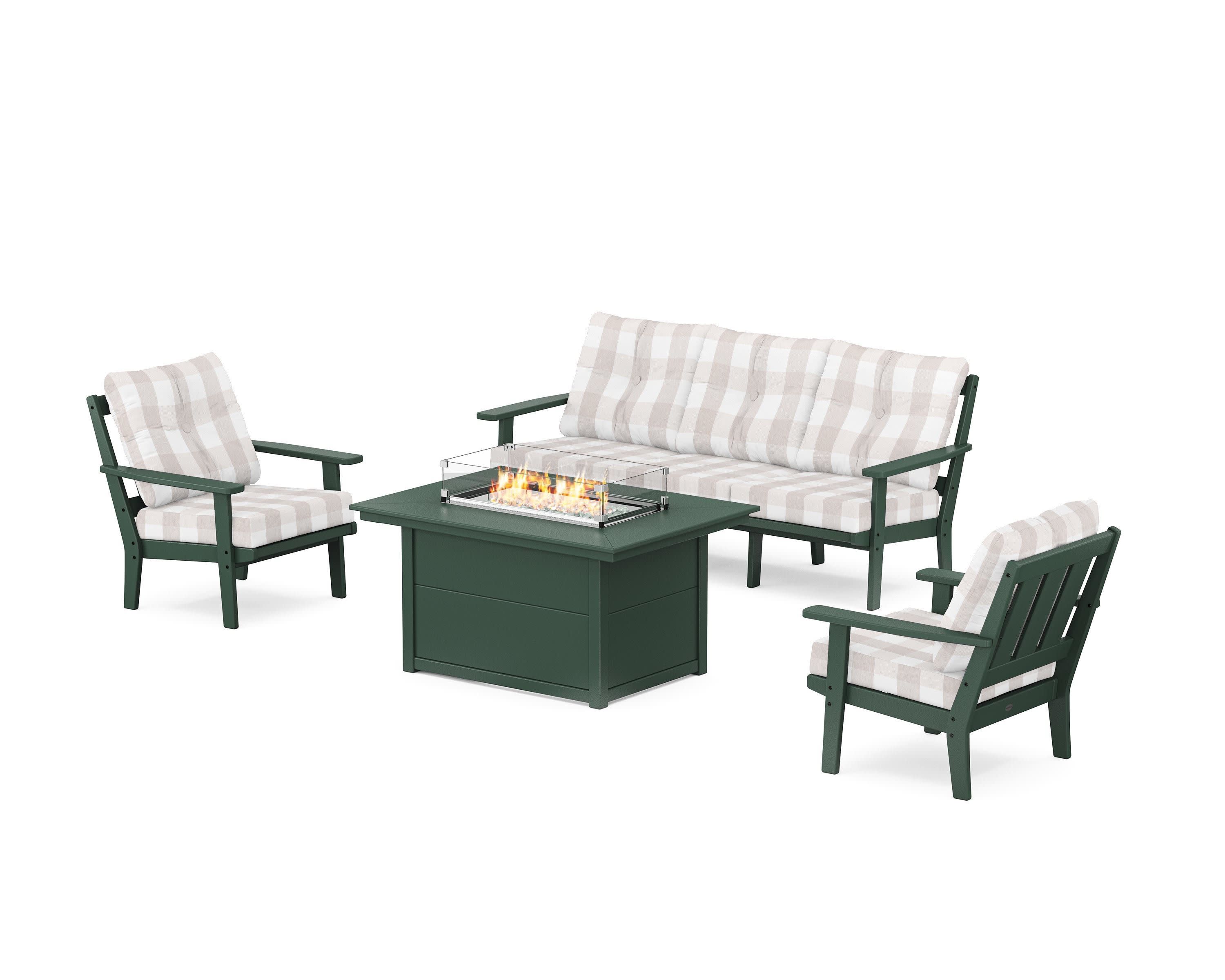 Oxford Deep Seating Fire Pit Table Set in Green / Buffalo Plaid Dune Burlap