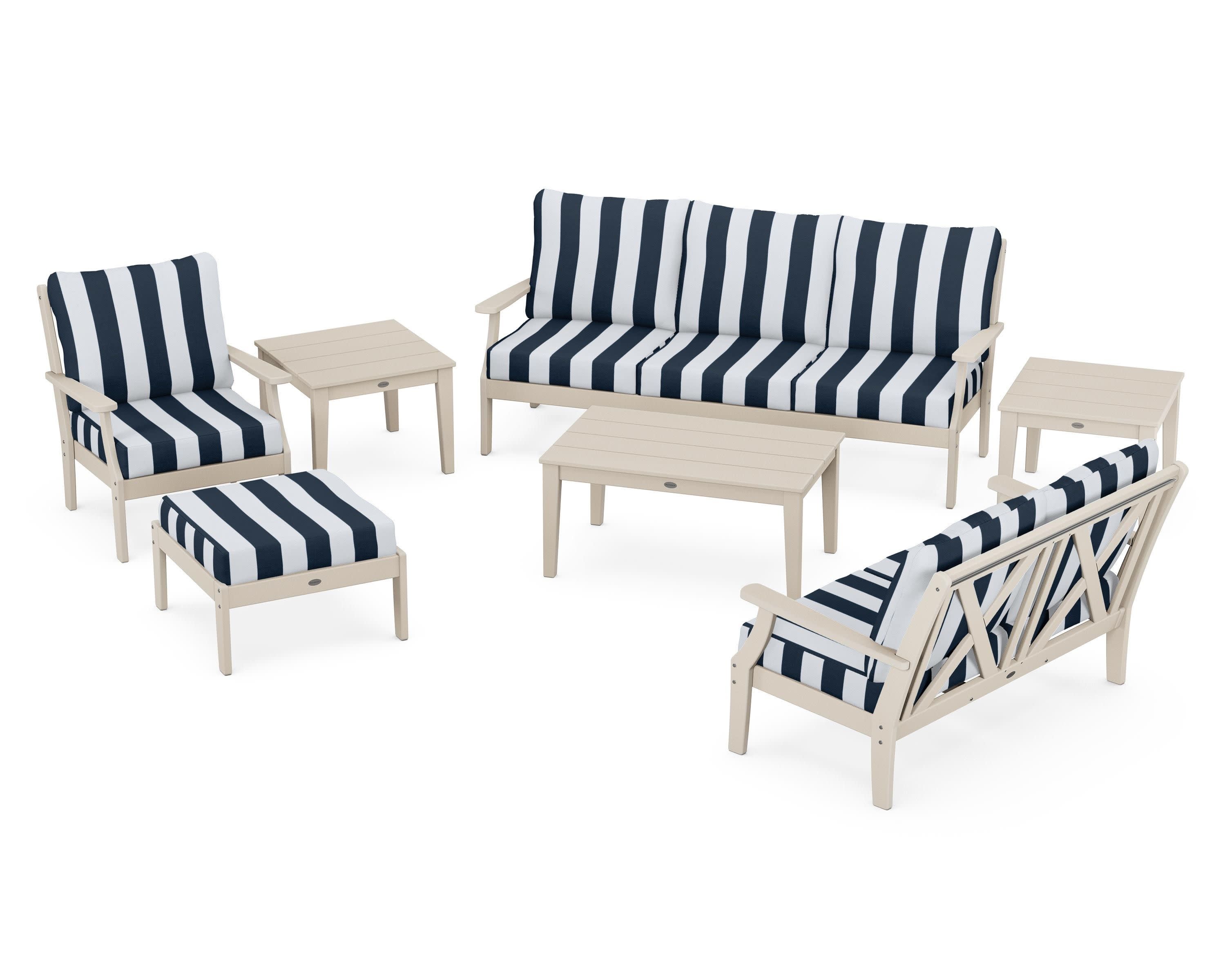 Braxton 7-Piece Deep Seating Set in Sand / Cabana Stripe Marine Indigo