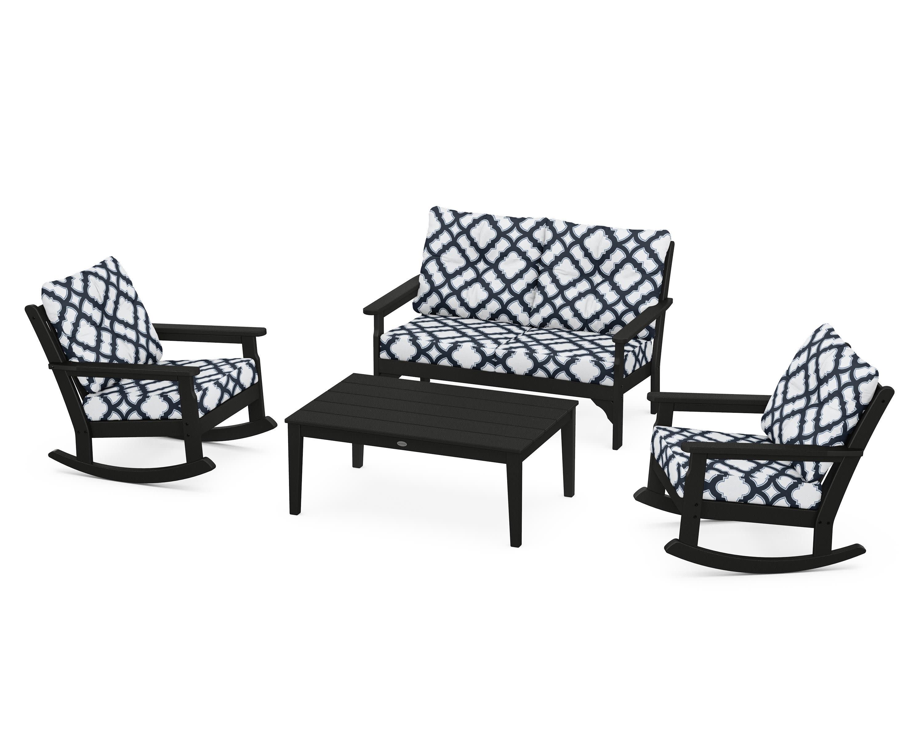 Vineyard 4-Piece Deep Seating Rocking Chair Set in Black / Trellis Marine Indigo
