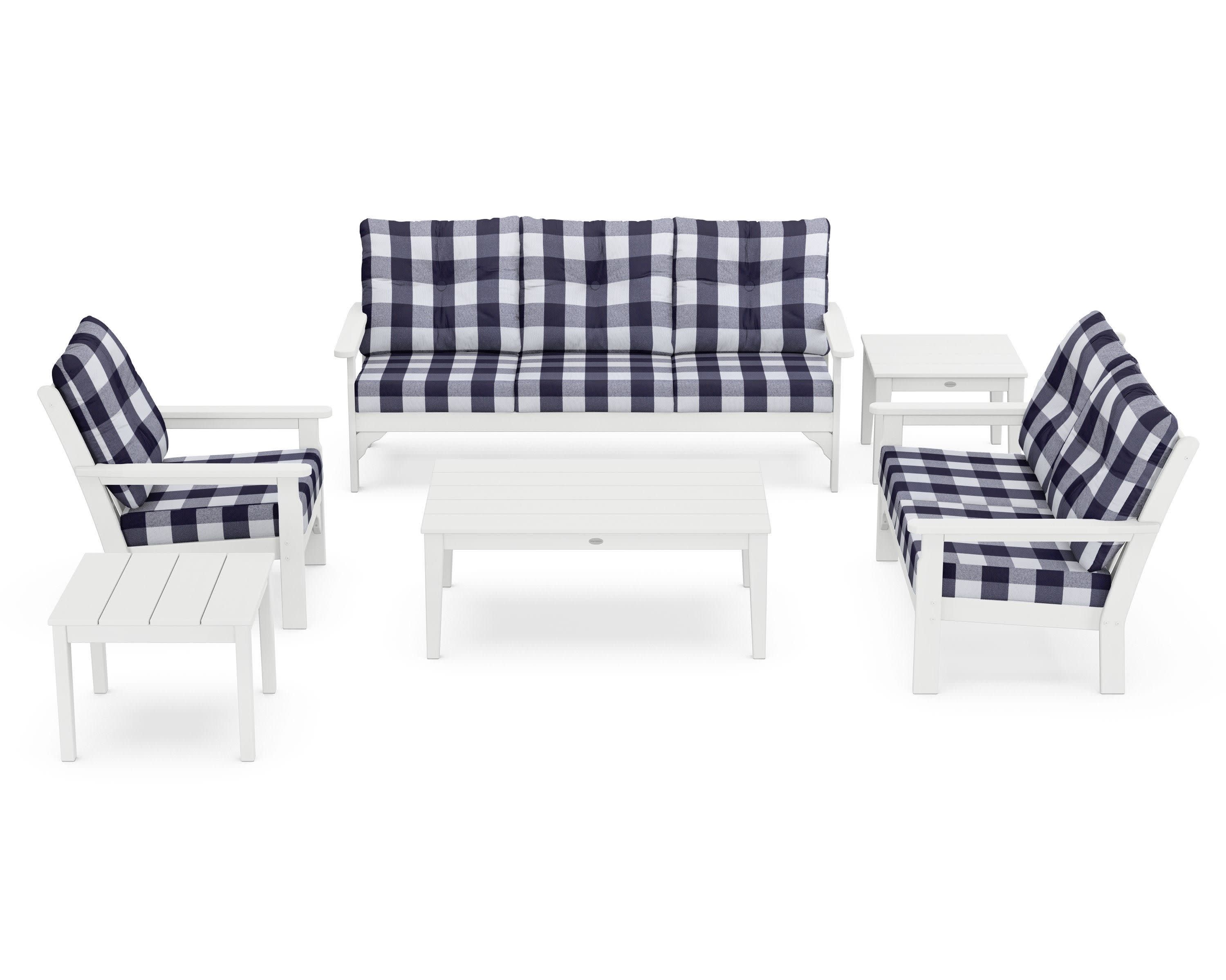 Vineyard 6-Piece Deep Seating Set in White / Buffalo Plaid Navy