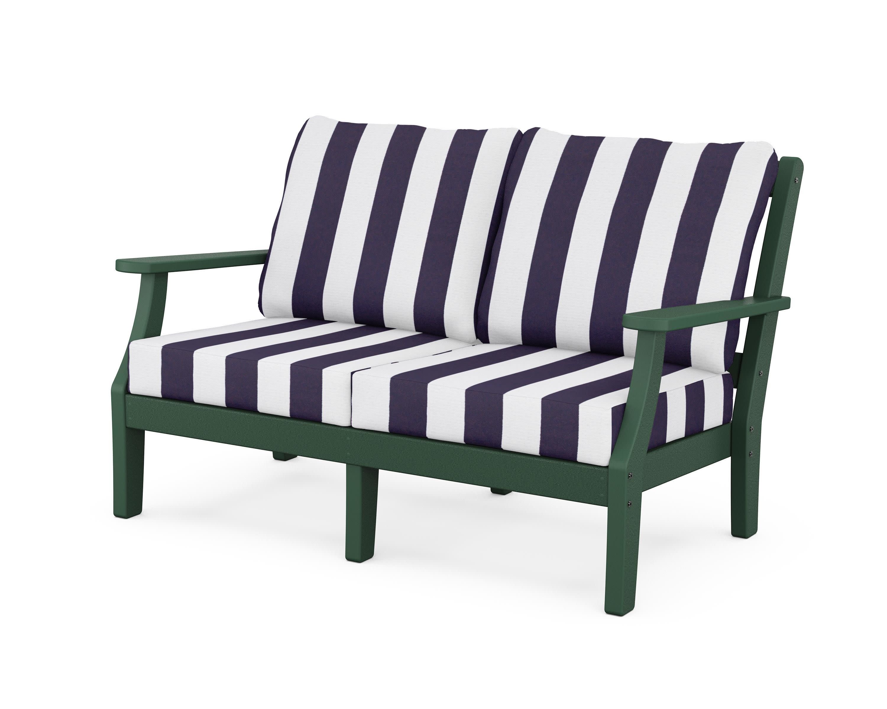 Chinoiserie Deep Seating Loveseat in Green / Cabana Stripe Navy