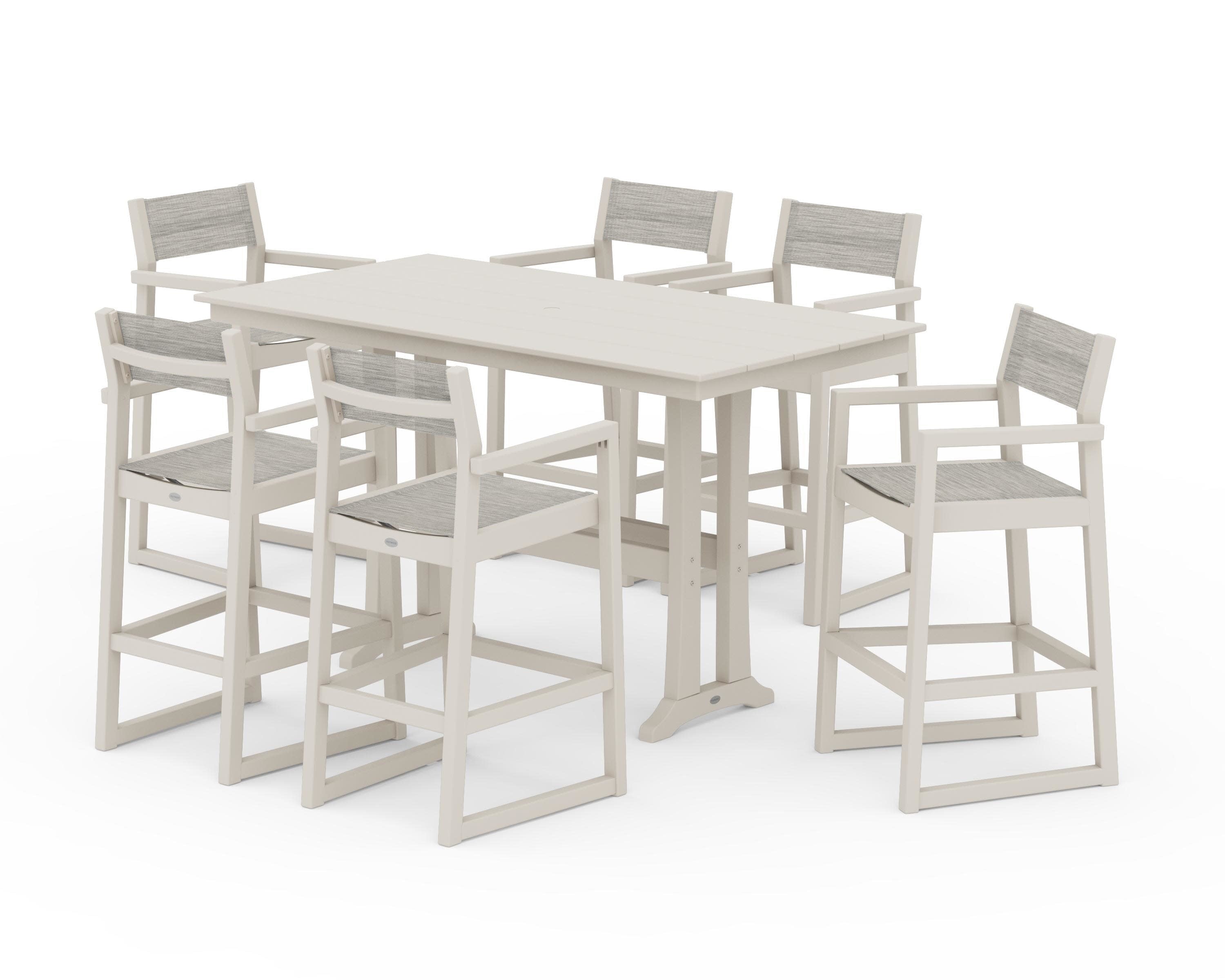 EDGE Sling Arm Chair 7-Piece Farmhouse Bar Set with Trestle Legs in Sand / Birch Sling