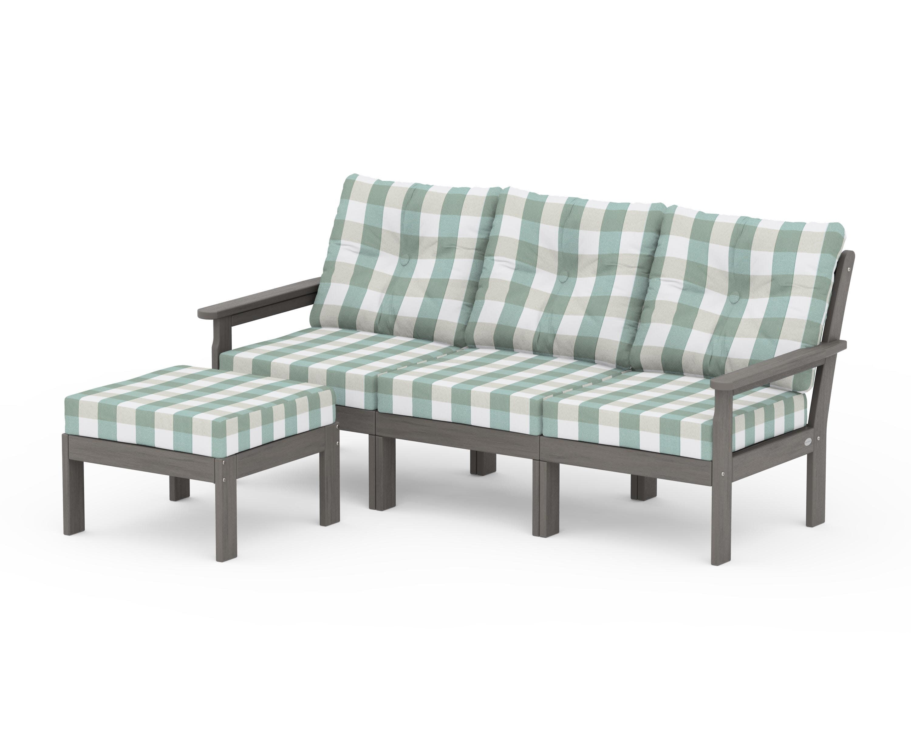 Vineyard 4-Piece Sectional with Ottoman in Driftwood / Buffalo Plaid Glacier Spa
