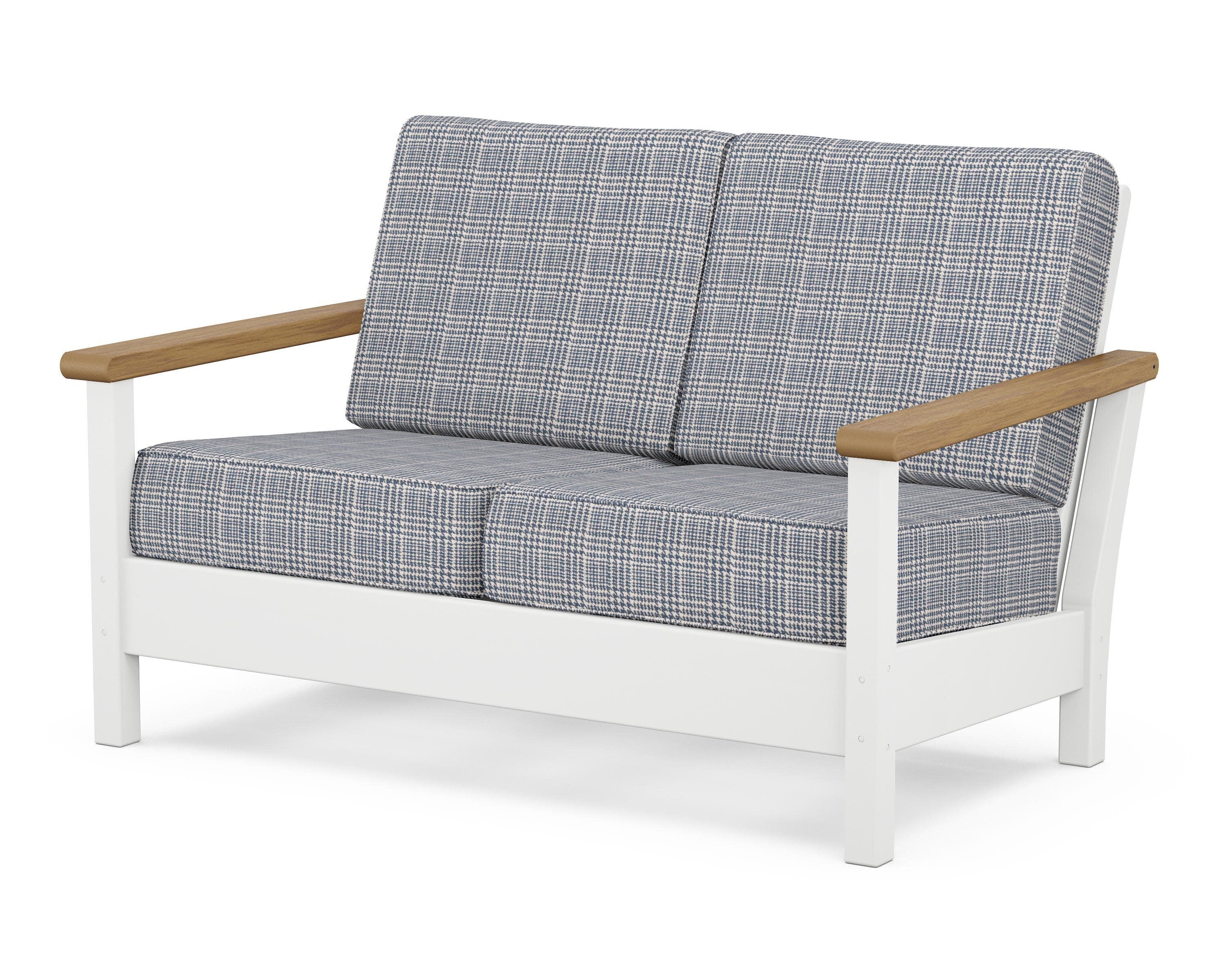 Harbour Deep Seating Loveseat in White / Natural / Houndstooth Sky Blue