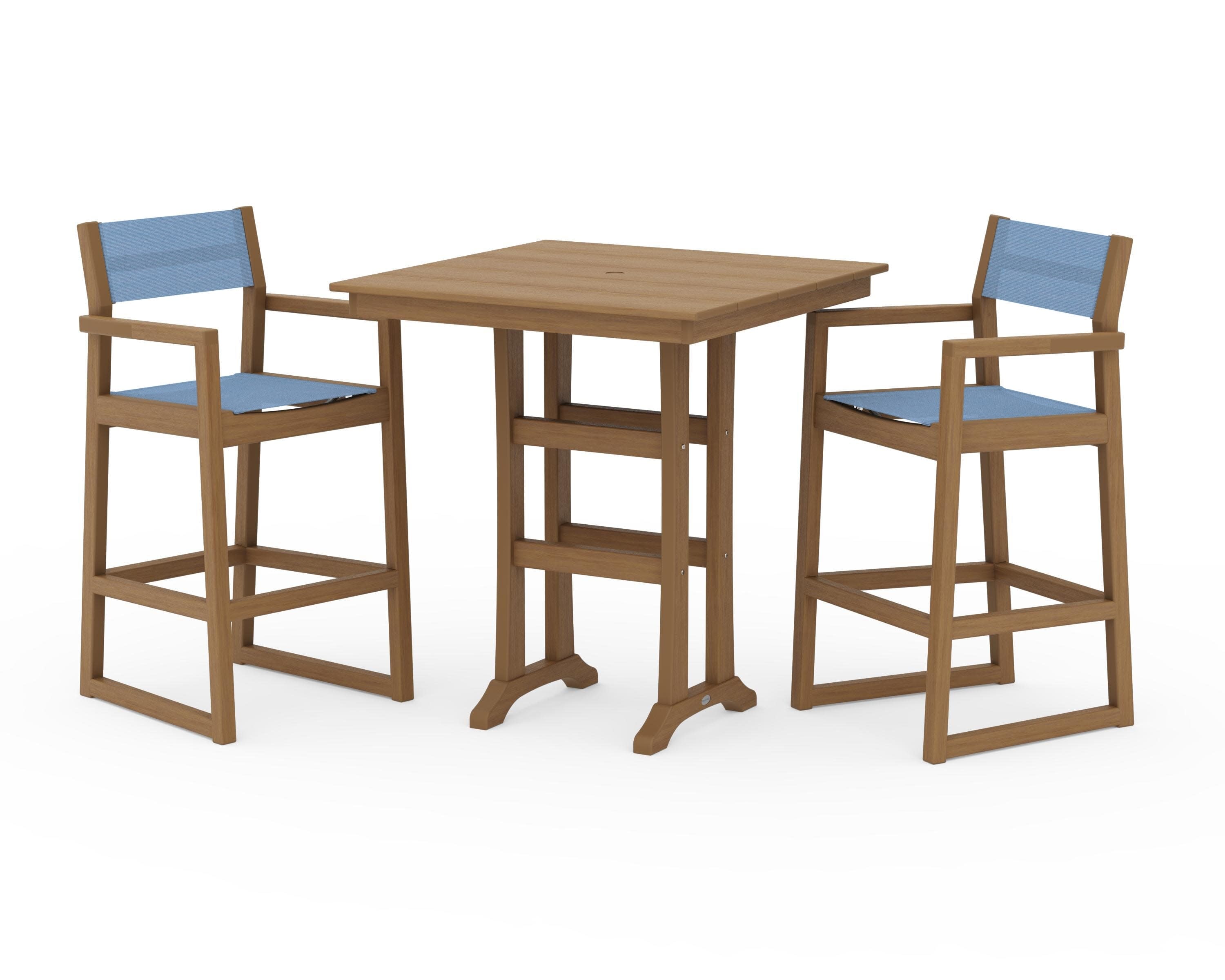 EDGE Sling Arm Chair 3-Piece Farmhouse Bar Set with Trestle Legs in Natural / Poolside Sling