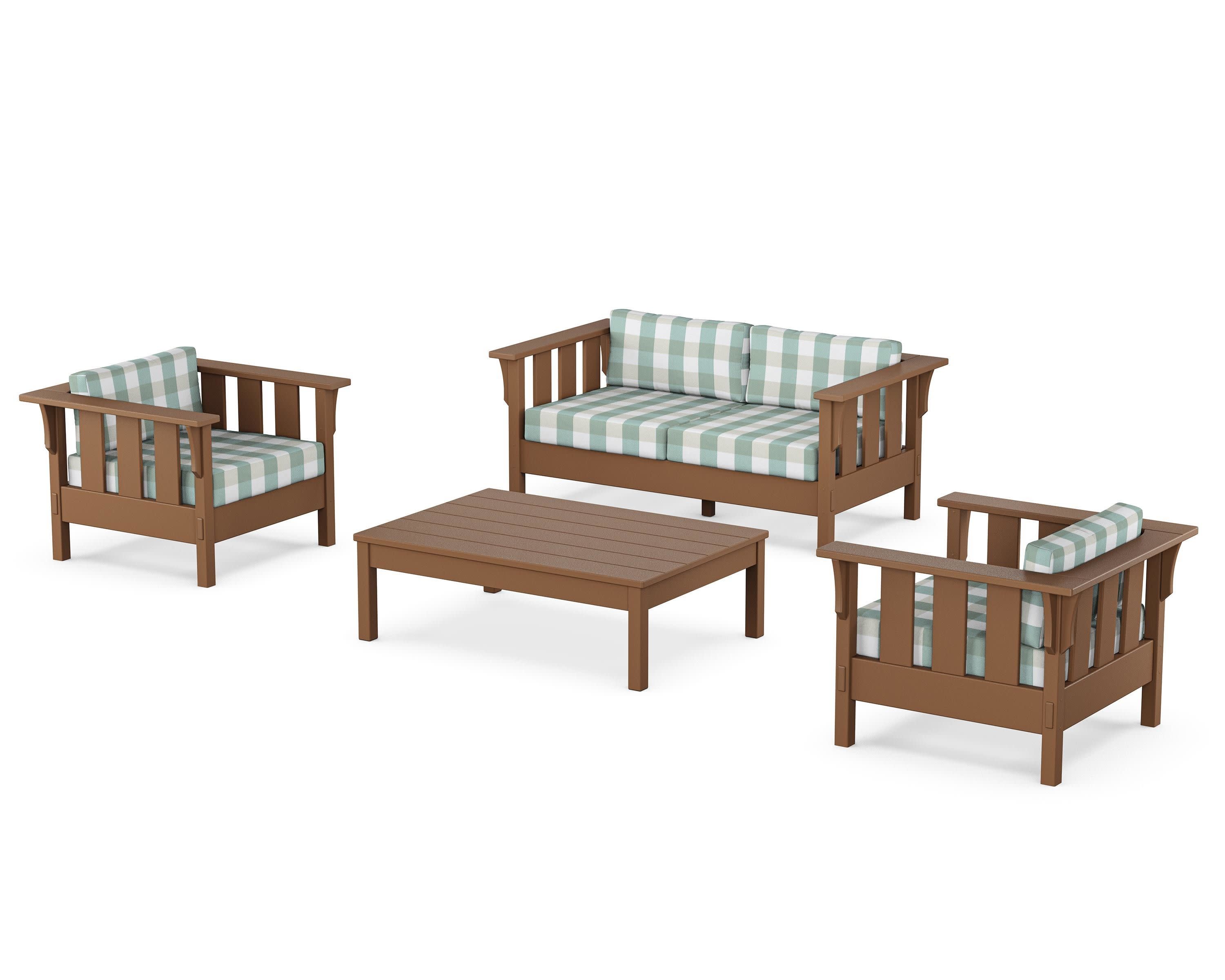 Acadia 4-Piece Deep Seating Set with Loveseat in Teak / Buffalo Plaid Glacier Spa