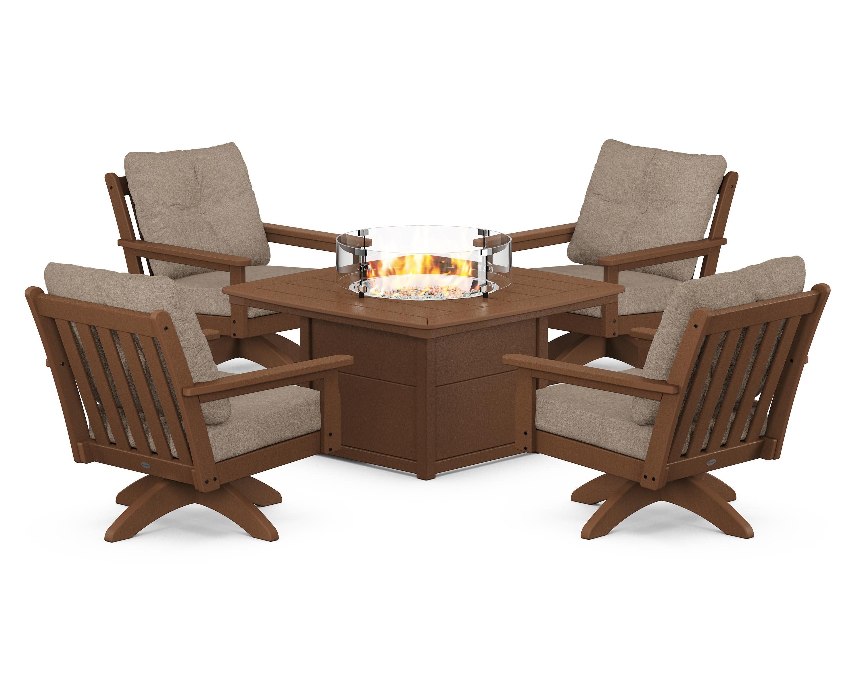 Vineyard 5-Piece Deep Seating Swivel Conversation Set with Fire Pit Table in Teak / Spiced Burlap