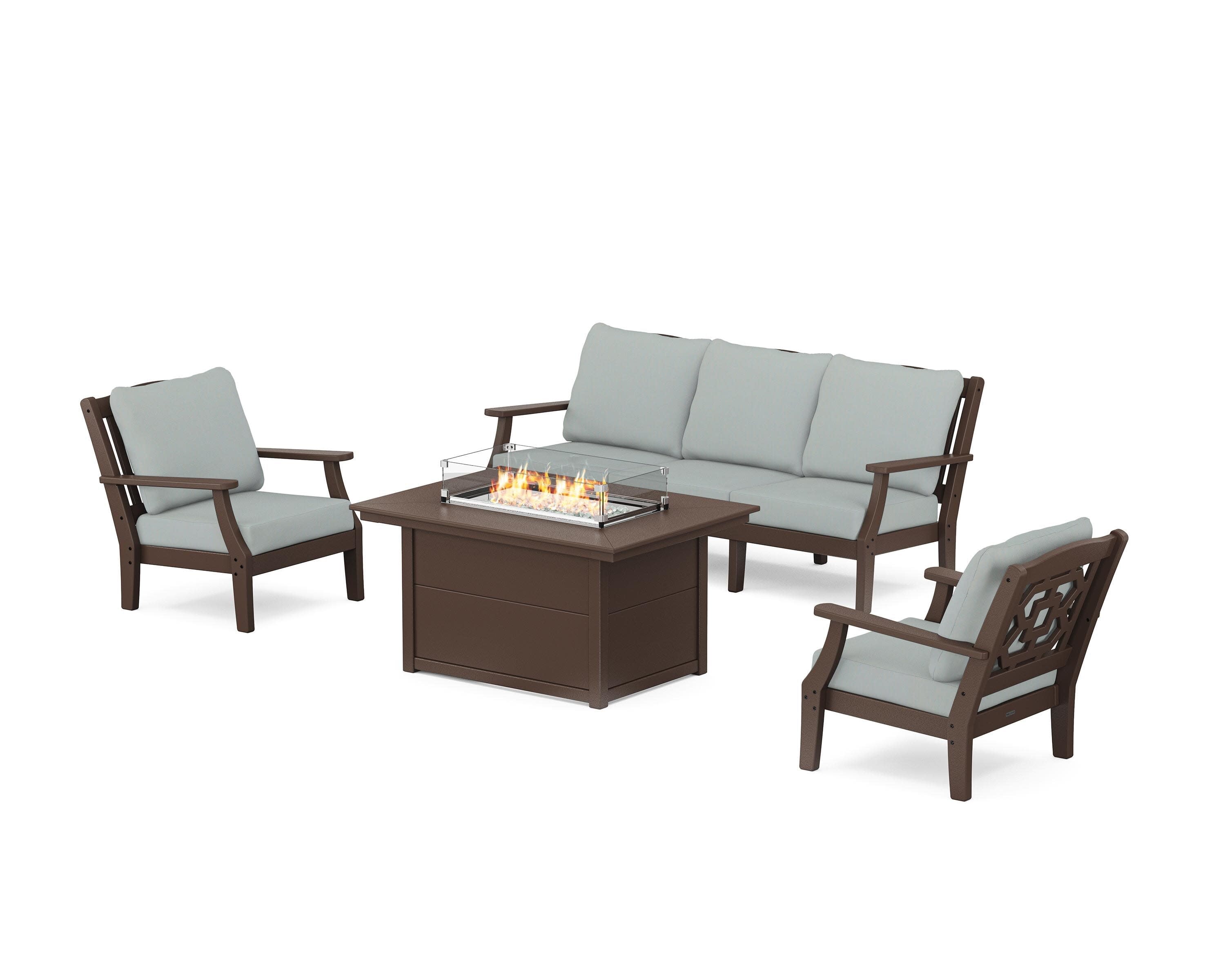 Chinoiserie Deep Seating Fire Pit Table Set in Mahogany / Spa