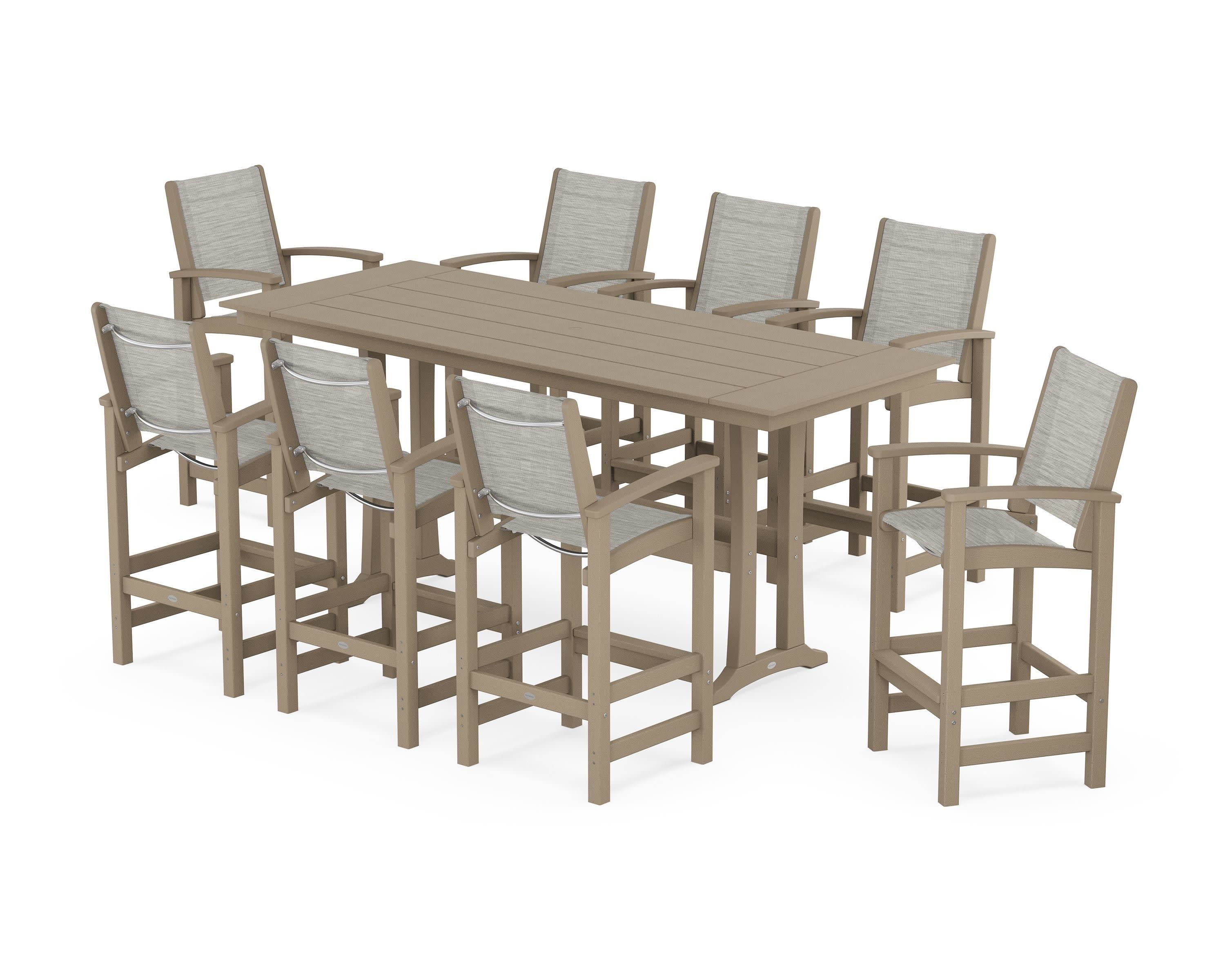 Coastal 9-Piece Farmhouse Bar Set with Trestle Legs in Vintage Sahara / Birch Sling