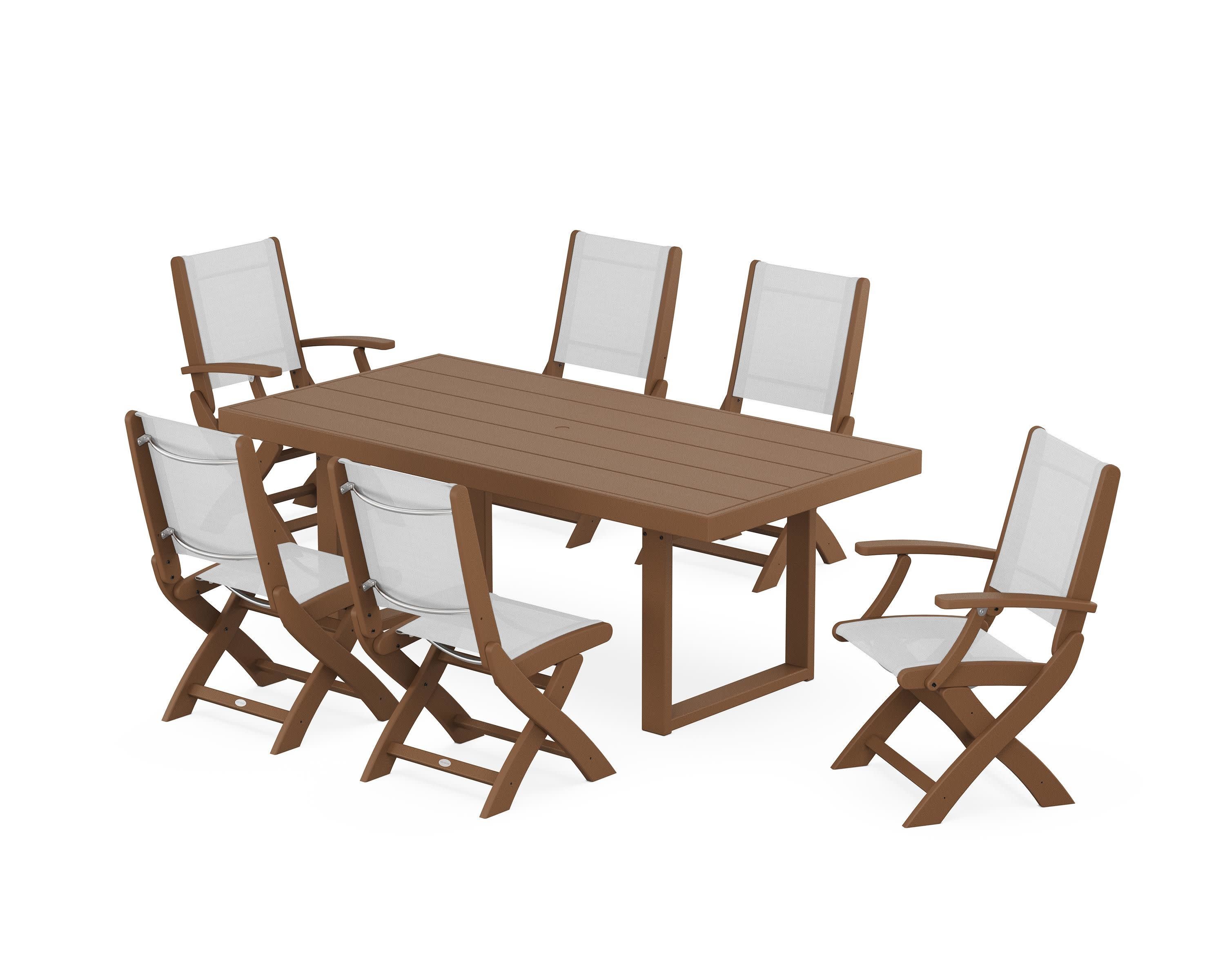 Coastal Folding Chair 7-Piece Dining Set with Trestle Legs in Teak / White Sling