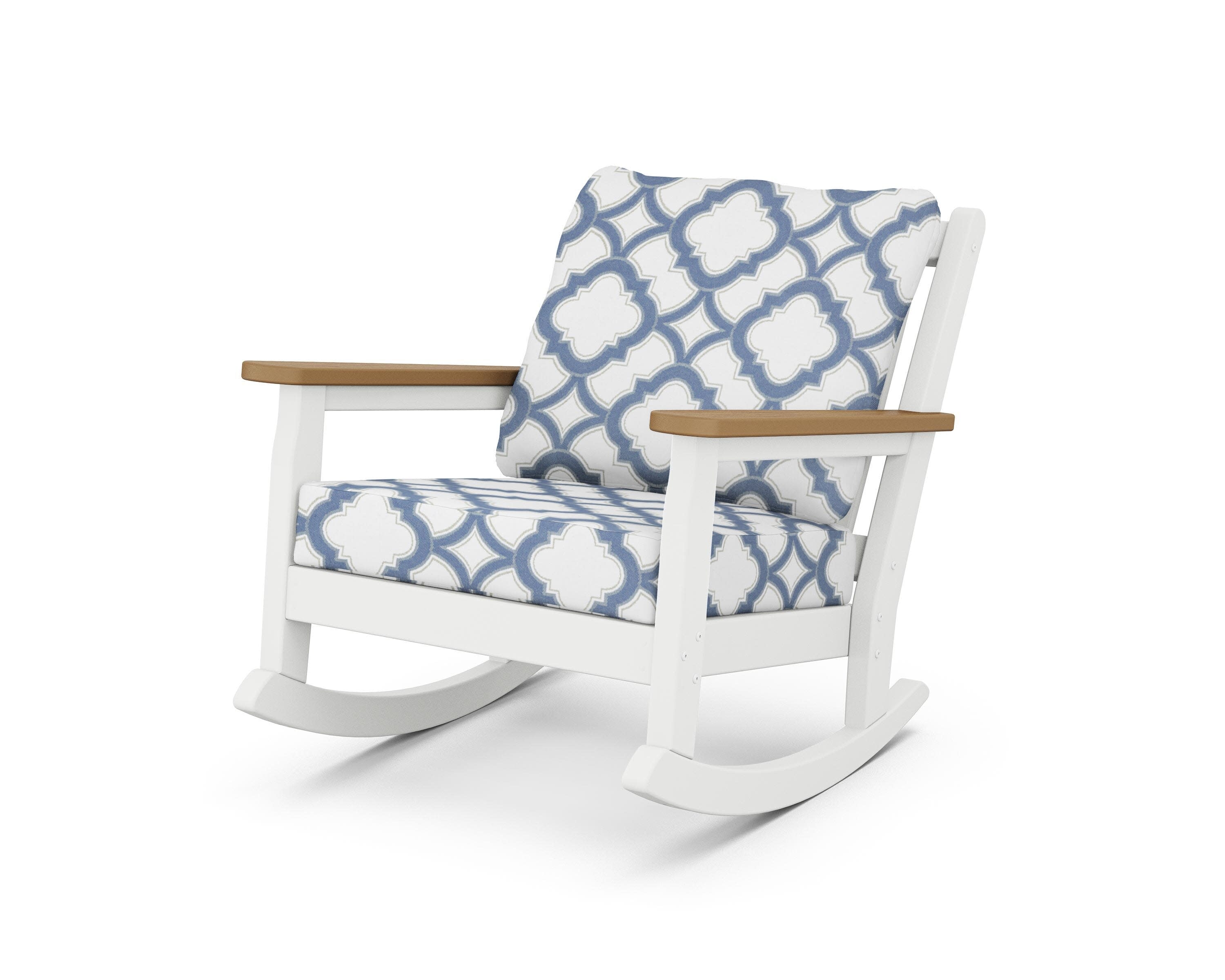 Chippendale Deep Seating Rocking Chair in White / Natural / Trellis Sky Blue
