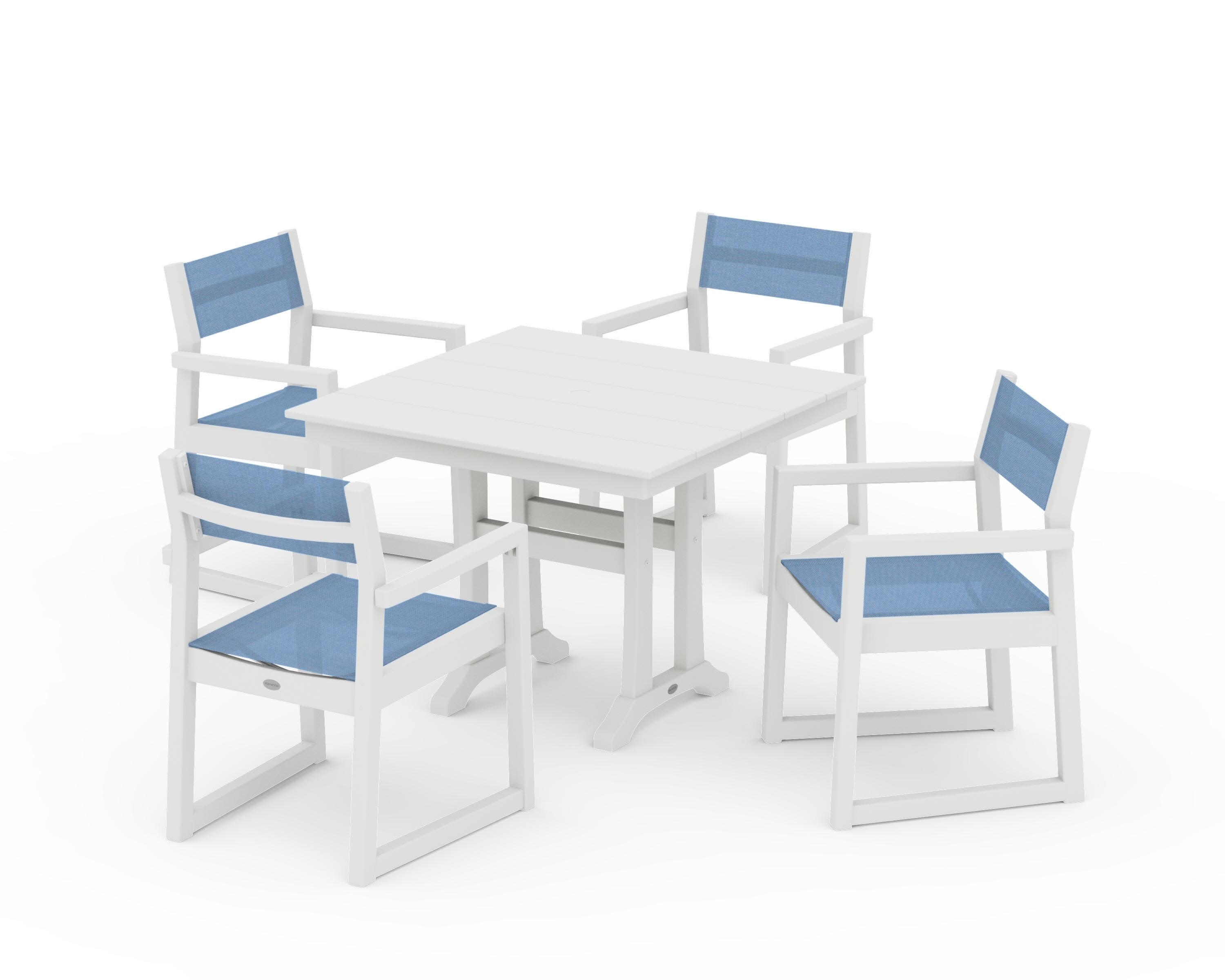 EDGE Sling 5-Piece Farmhouse Dining Set with Trestle Legs in Vintage White / Poolside Sling