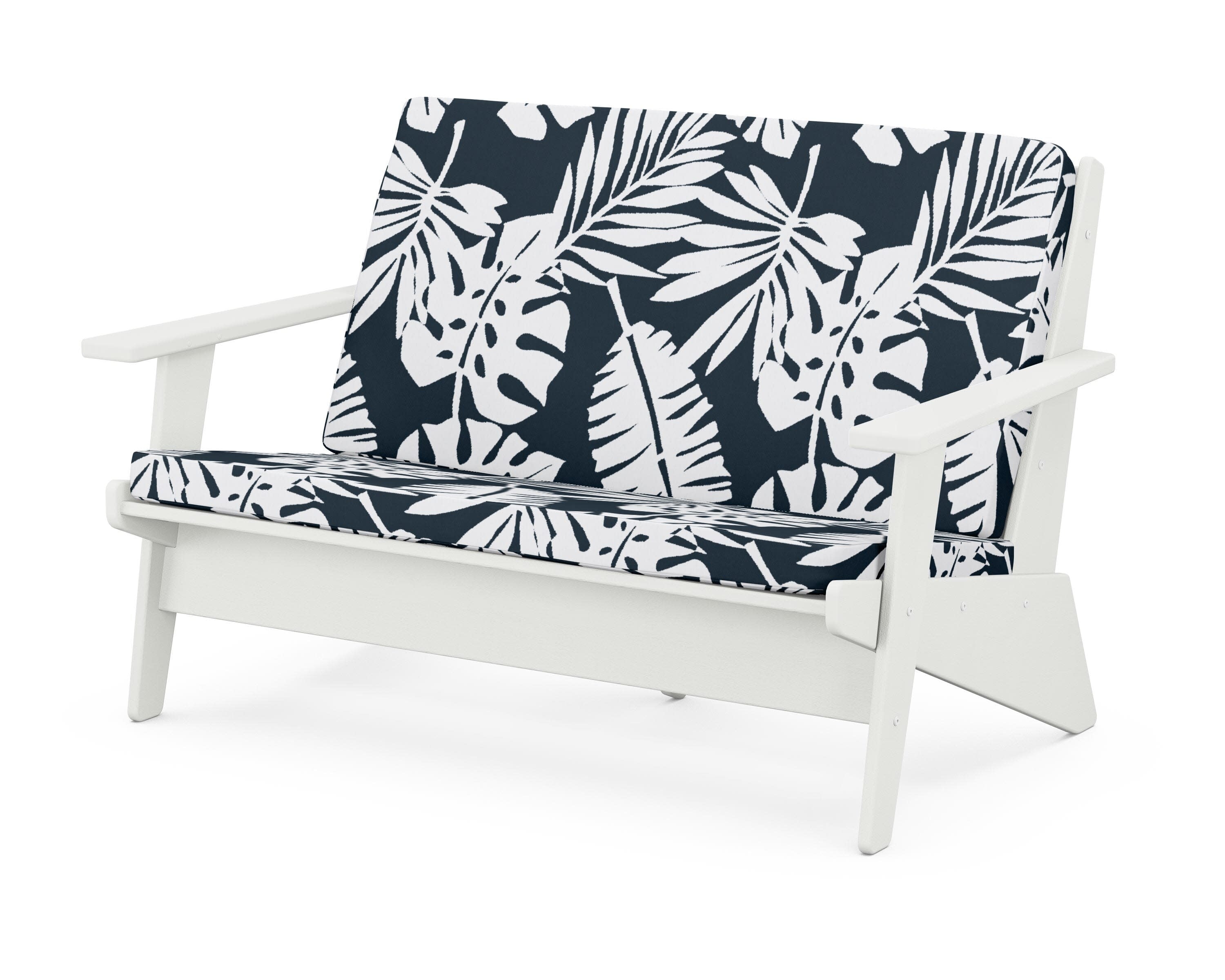 Riviera Modern Lounge Loveseat in Vintage White / Leaf Marine Indigo