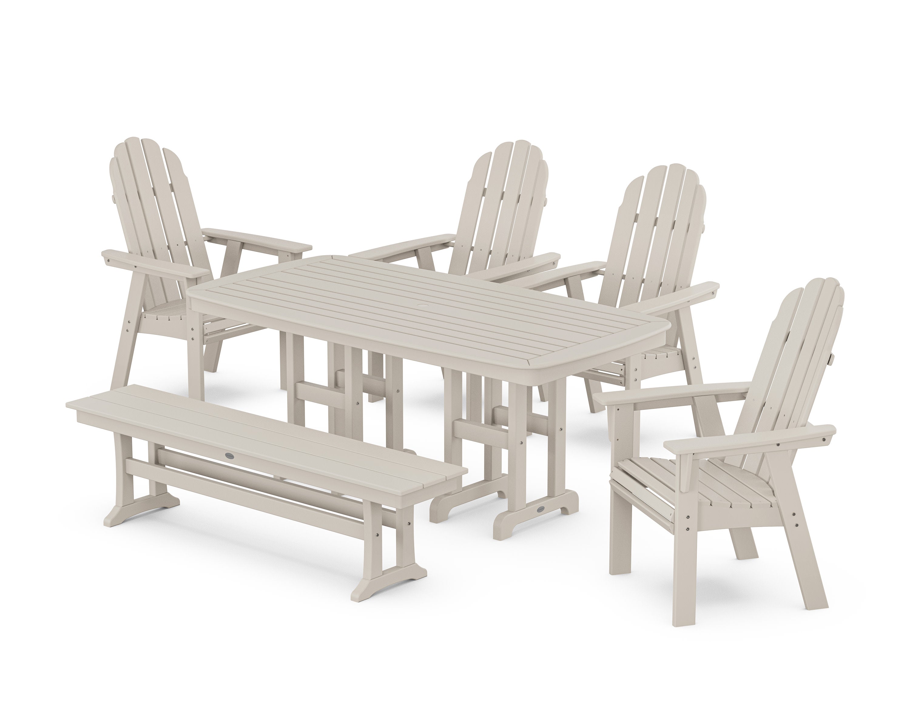 Vineyard Curveback Adirondack Chair 6-Piece Dining Set with Bench in Sand