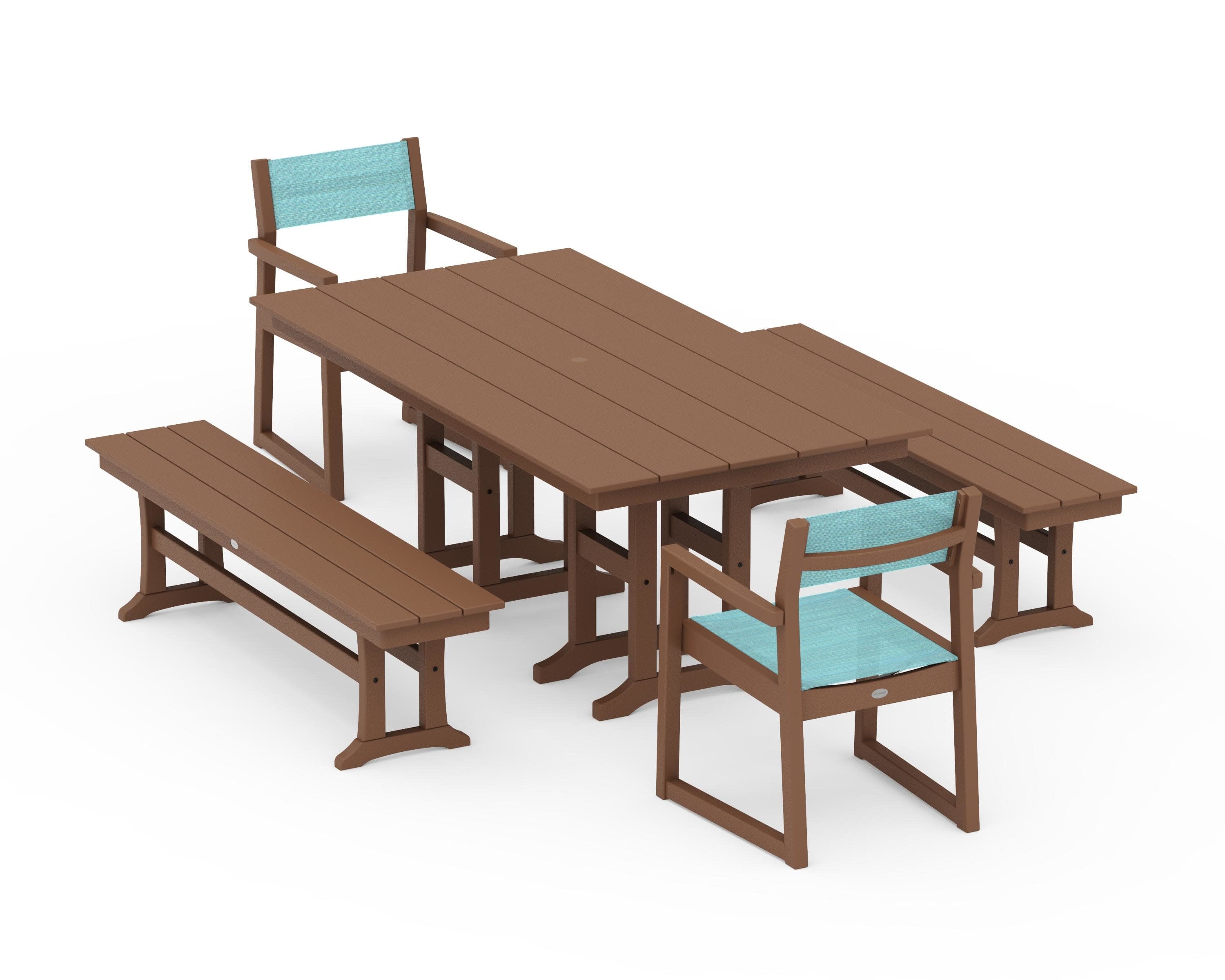 EDGE Sling Arm Chair 5-Piece Farmhouse Dining Set with Benches in Teak / Dupioni Aquamarine Sling