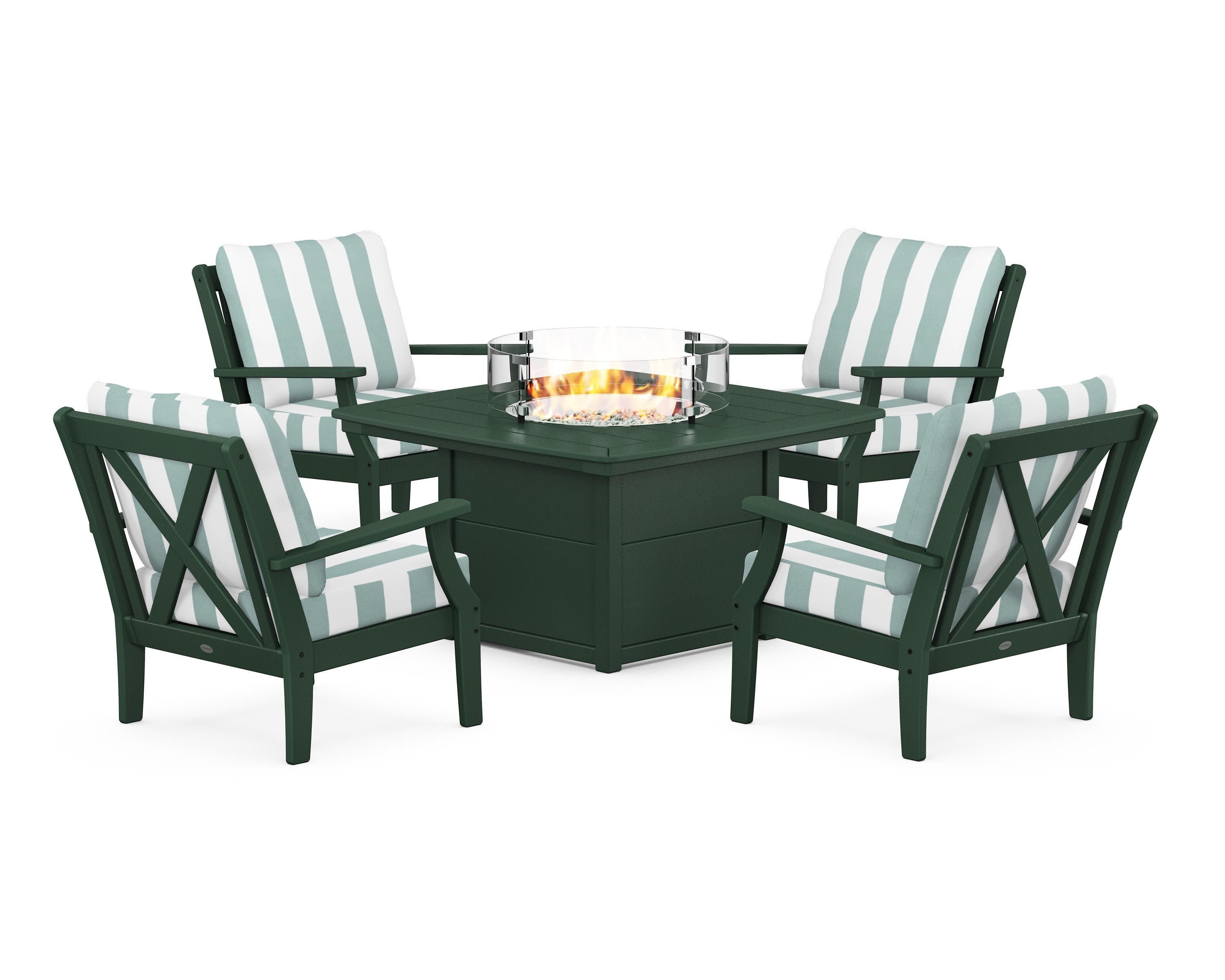 Braxton 5-Piece Deep Seating Conversation Set with Fire Pit Table in Green / Cabana Stripe Glacier Spa