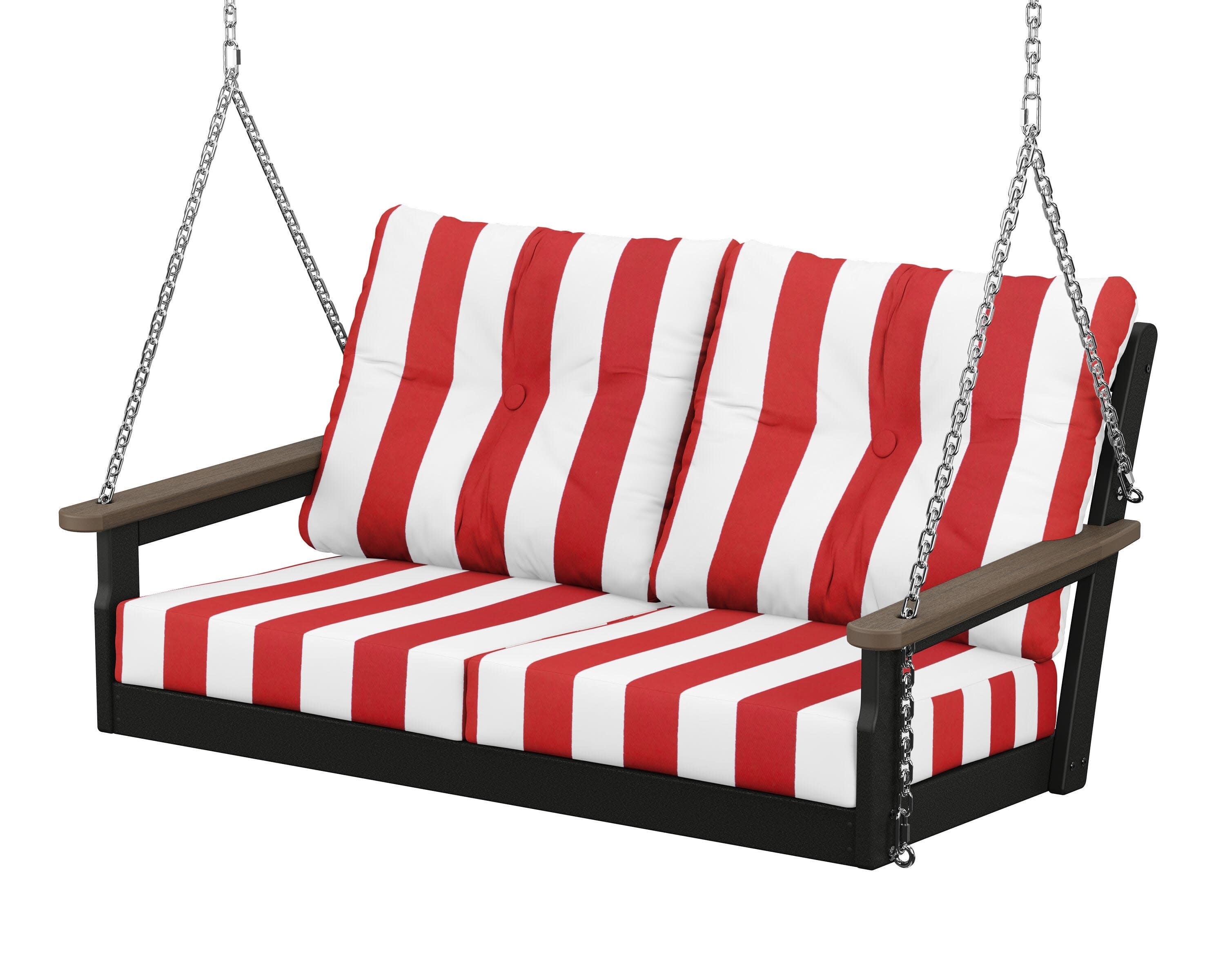 Vineyard Deep Seating Swing in Black / Kona / Cabana Stripe Crimson