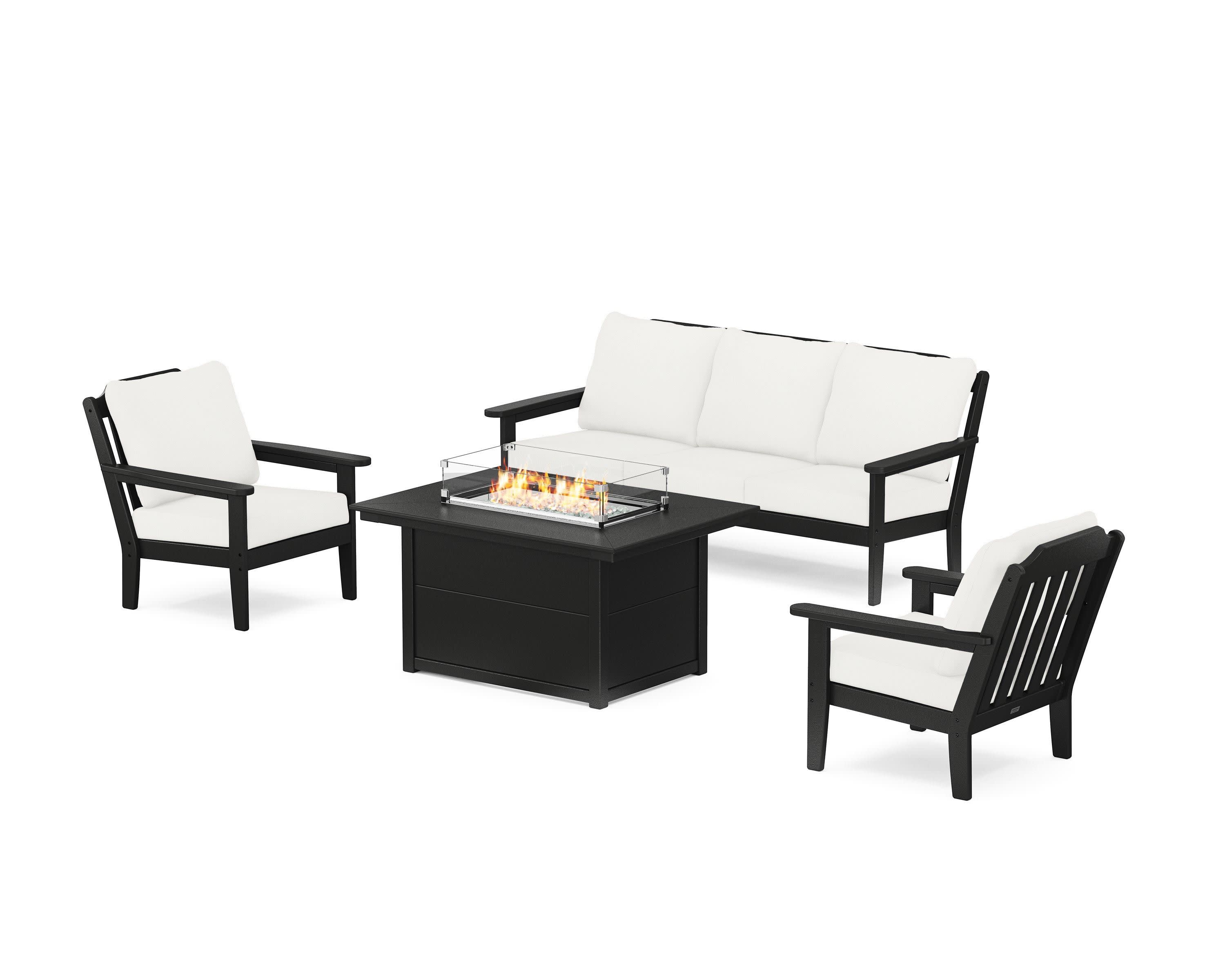 Cottage Deep Seating Fire Pit Table Set in Black / Natural Linen