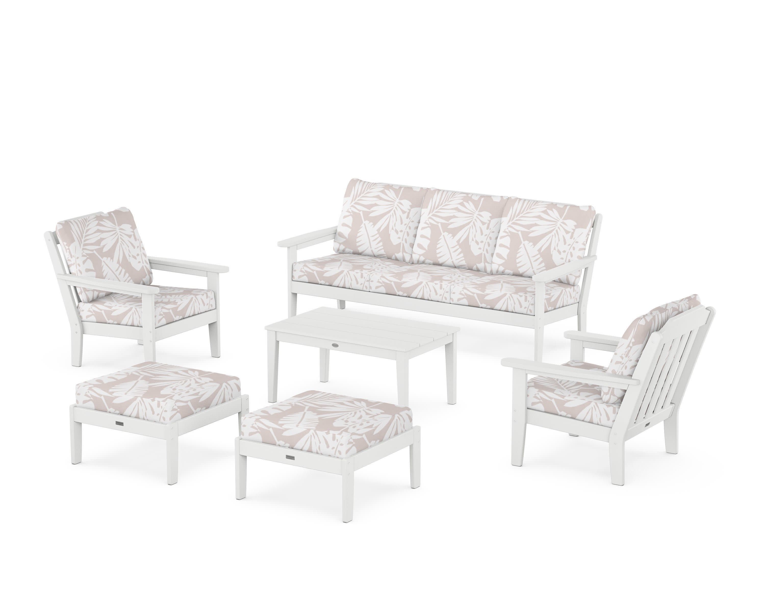 Cottage 6-Piece Lounge Sofa Set in White / Leaf Dune Burlap