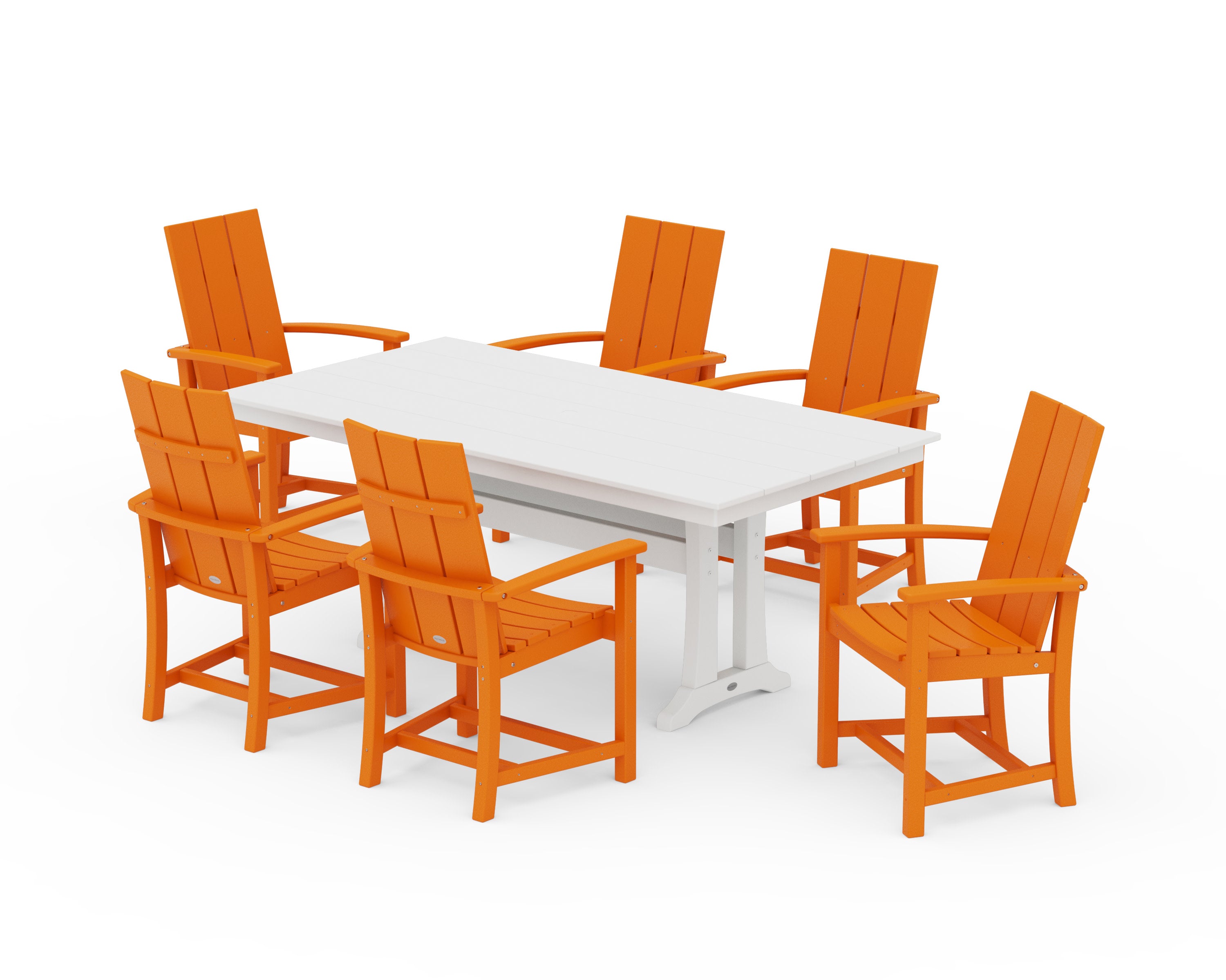 Modern Adirondack 7-Piece Farmhouse Dining Set with Trestle Legs in Tangerine / White