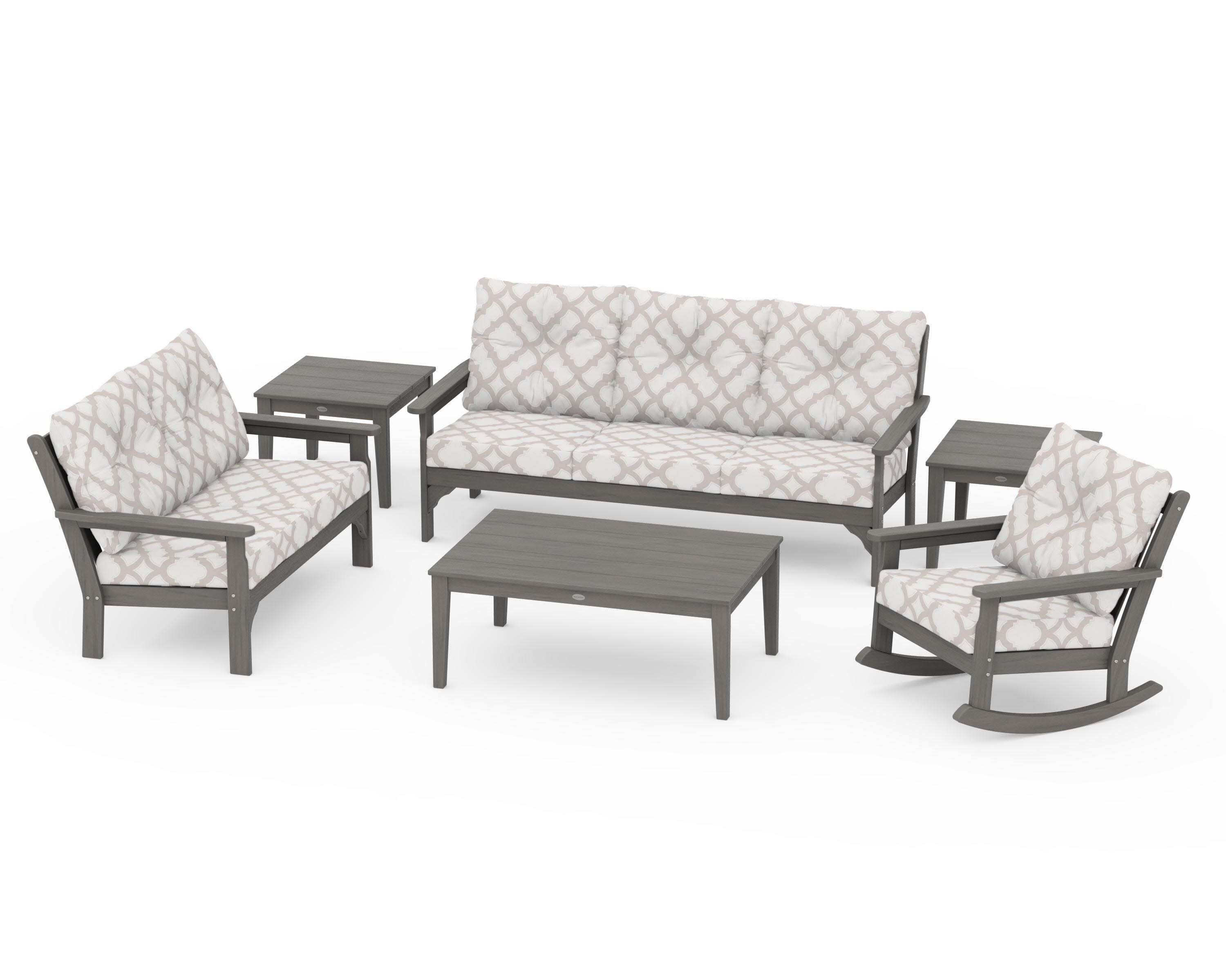 Vineyard 6-Piece Deep Seating Set in Driftwood / Trellis Dune Burlap