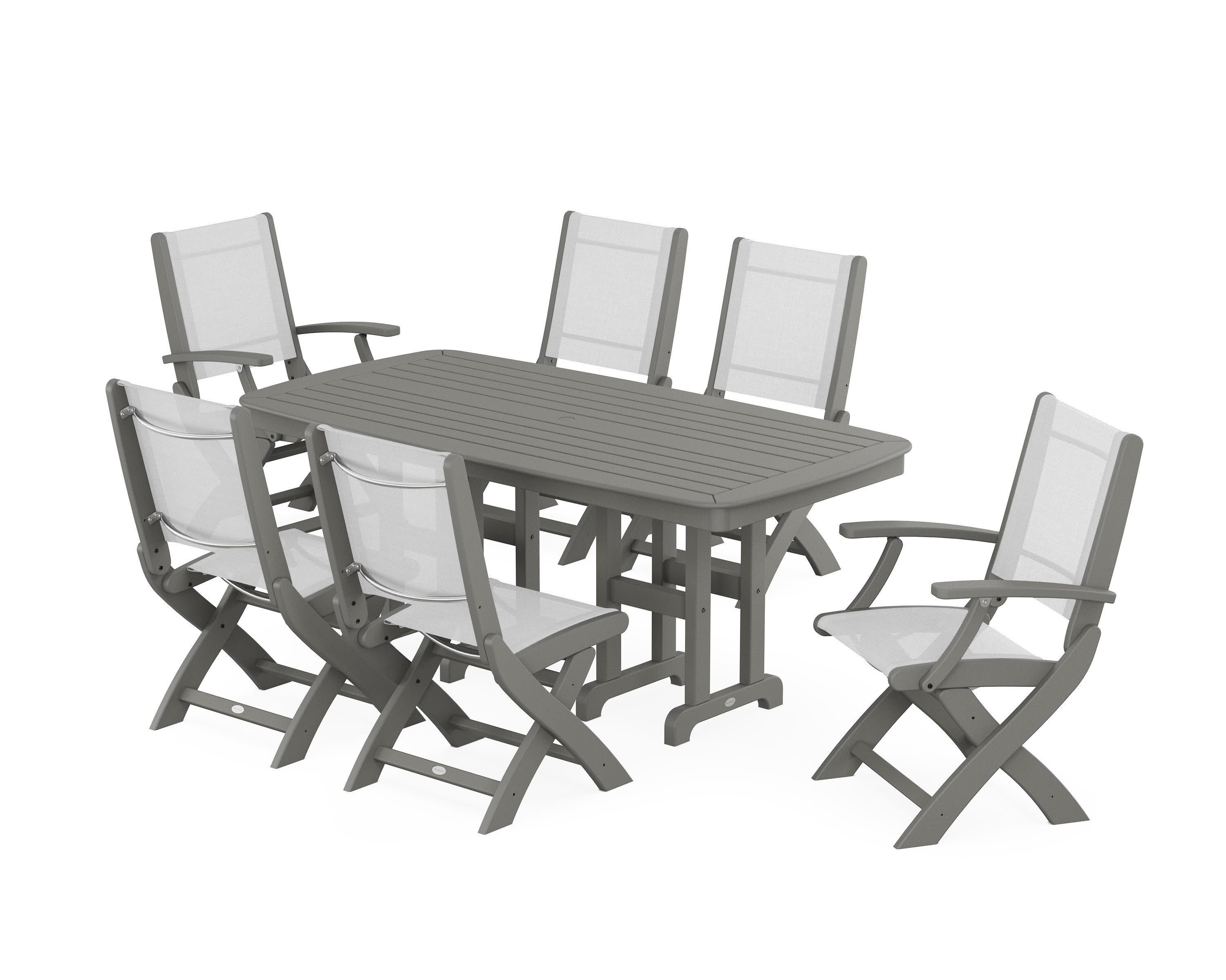Coastal Folding Chair 7-Piece Dining Set in Slate Grey / White Sling