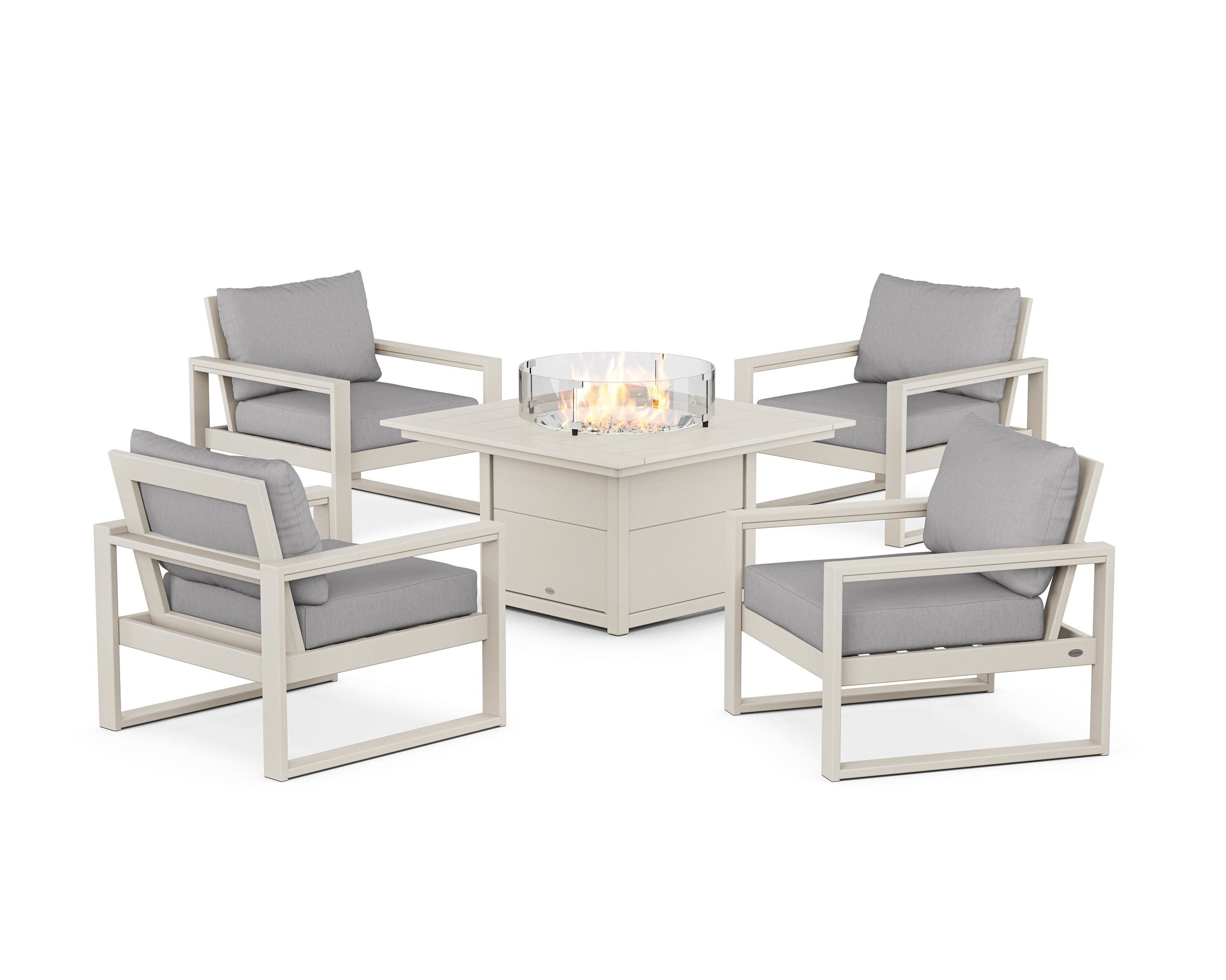 EDGE Sectional 5-Piece Deep Seating Set with Fire Pit Table in Sand / Granite