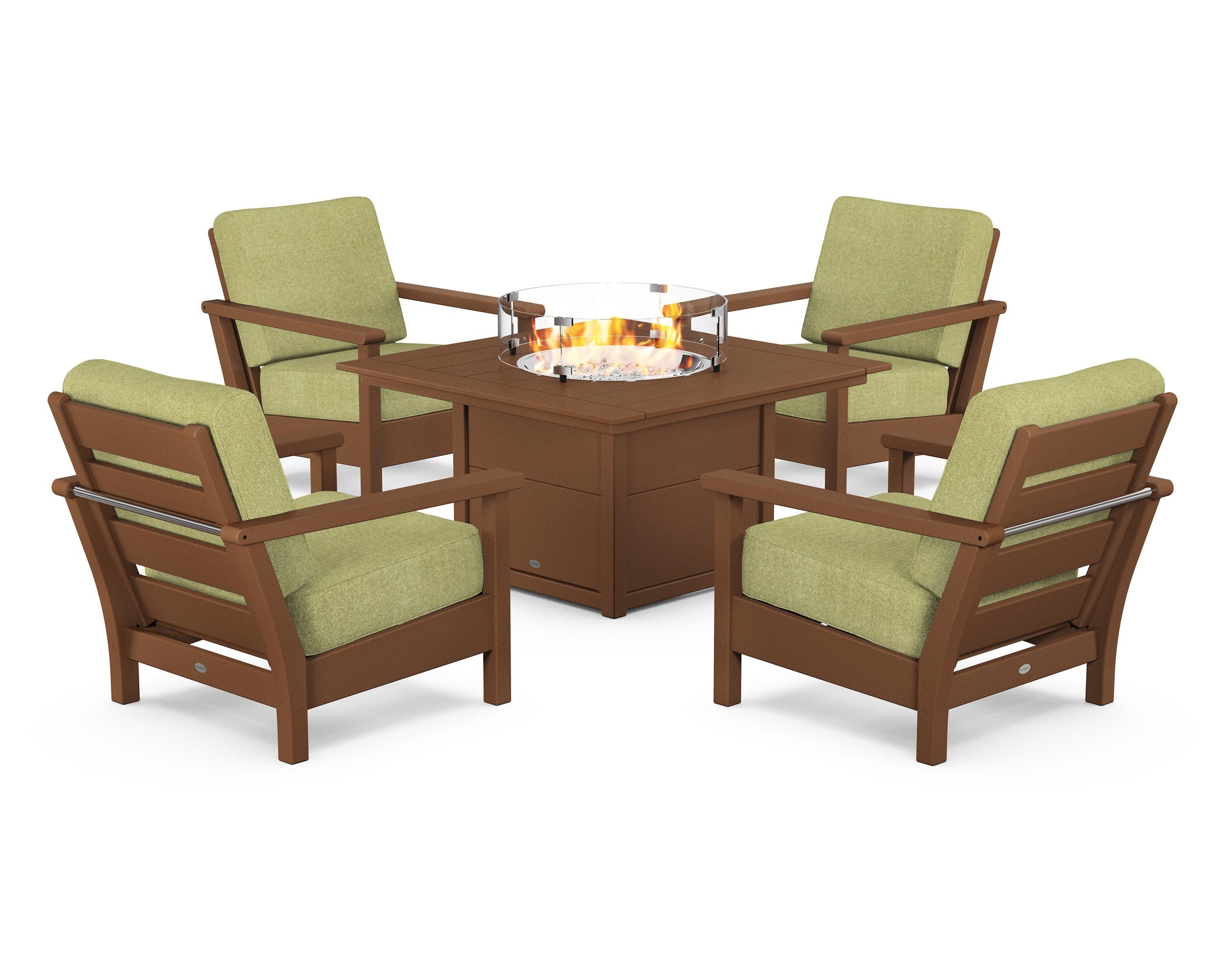 Harbour 5-Piece Conversation Set with Fire Pit Table in Teak / Chartreuse Boucle