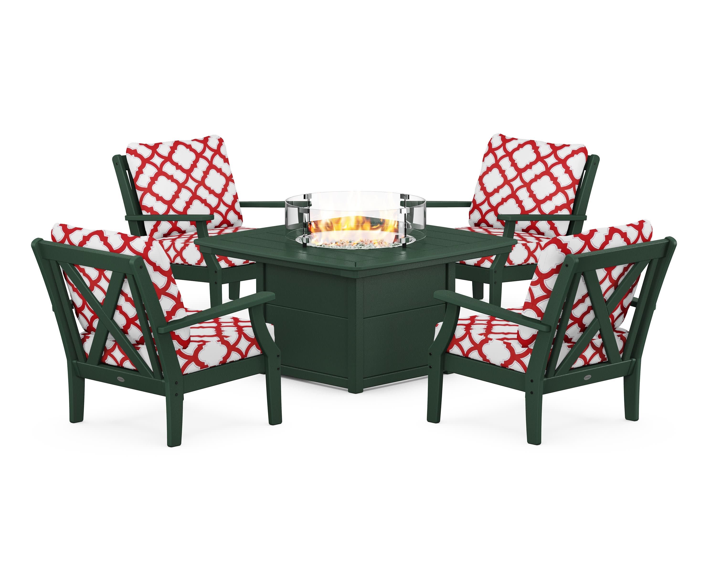 Braxton 5-Piece Deep Seating Conversation Set with Fire Pit Table in Green / Trellis Crimson