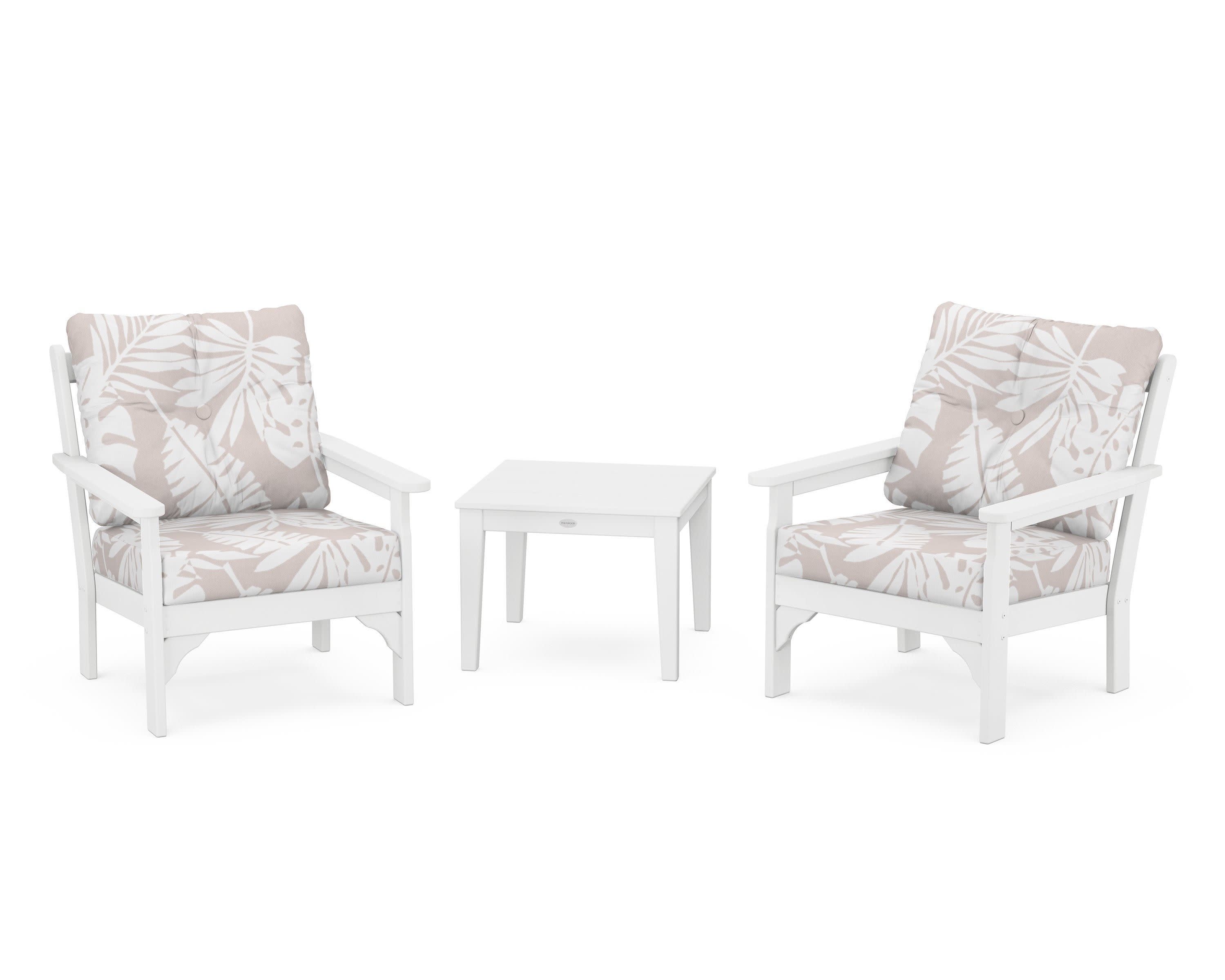 Vineyard 3-Piece Deep Seating Set in White / Leaf Dune Burlap