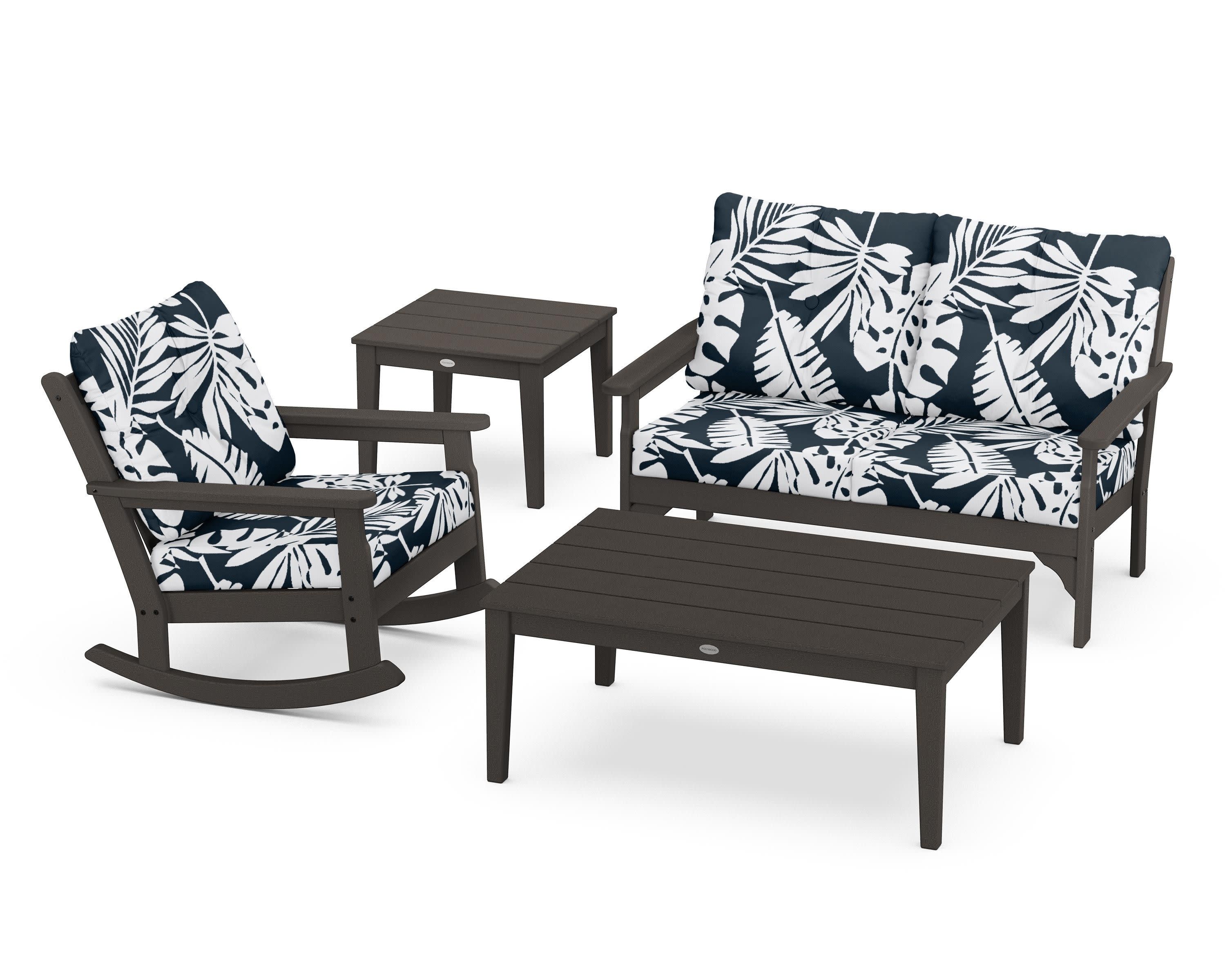 Vineyard 4-Piece Deep Seating Rocker Set in Vintage Coffee / Leaf Marine Indigo