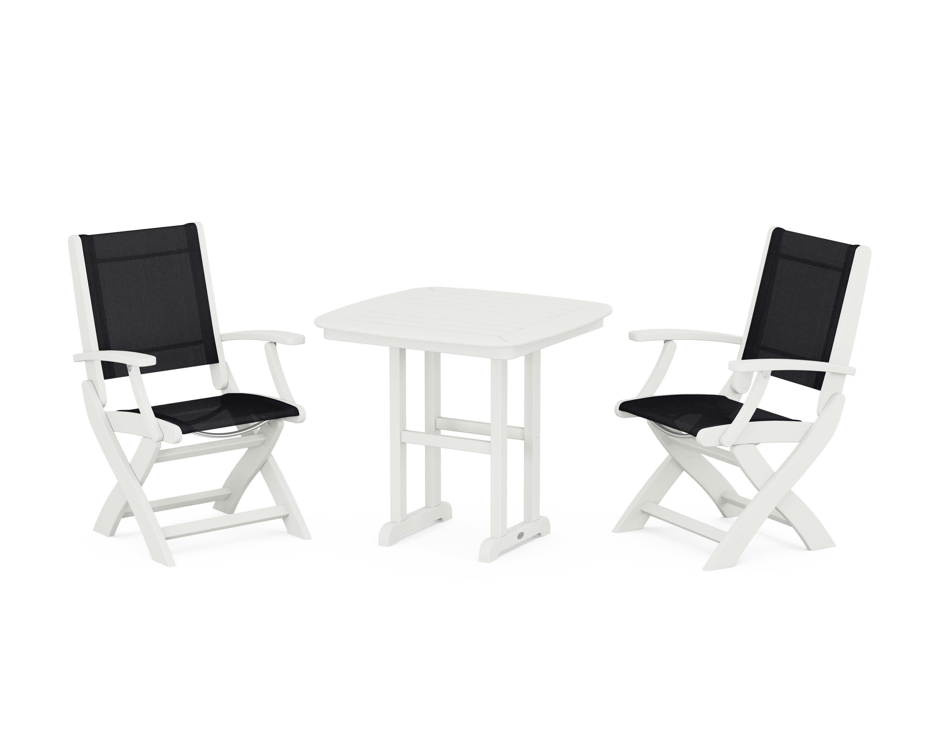 Coastal Folding Chair 3-Piece Dining Set in Vintage White / Black Sling