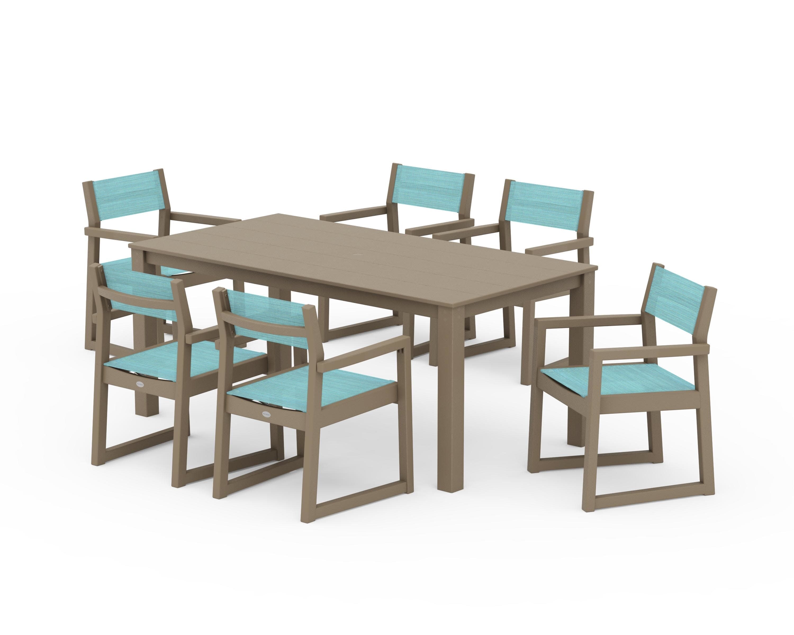 EDGE Sling Arm Chair 7-Piece Parsons Dining Set in Vintage Sahara / Dupioni Aquamarine Sling