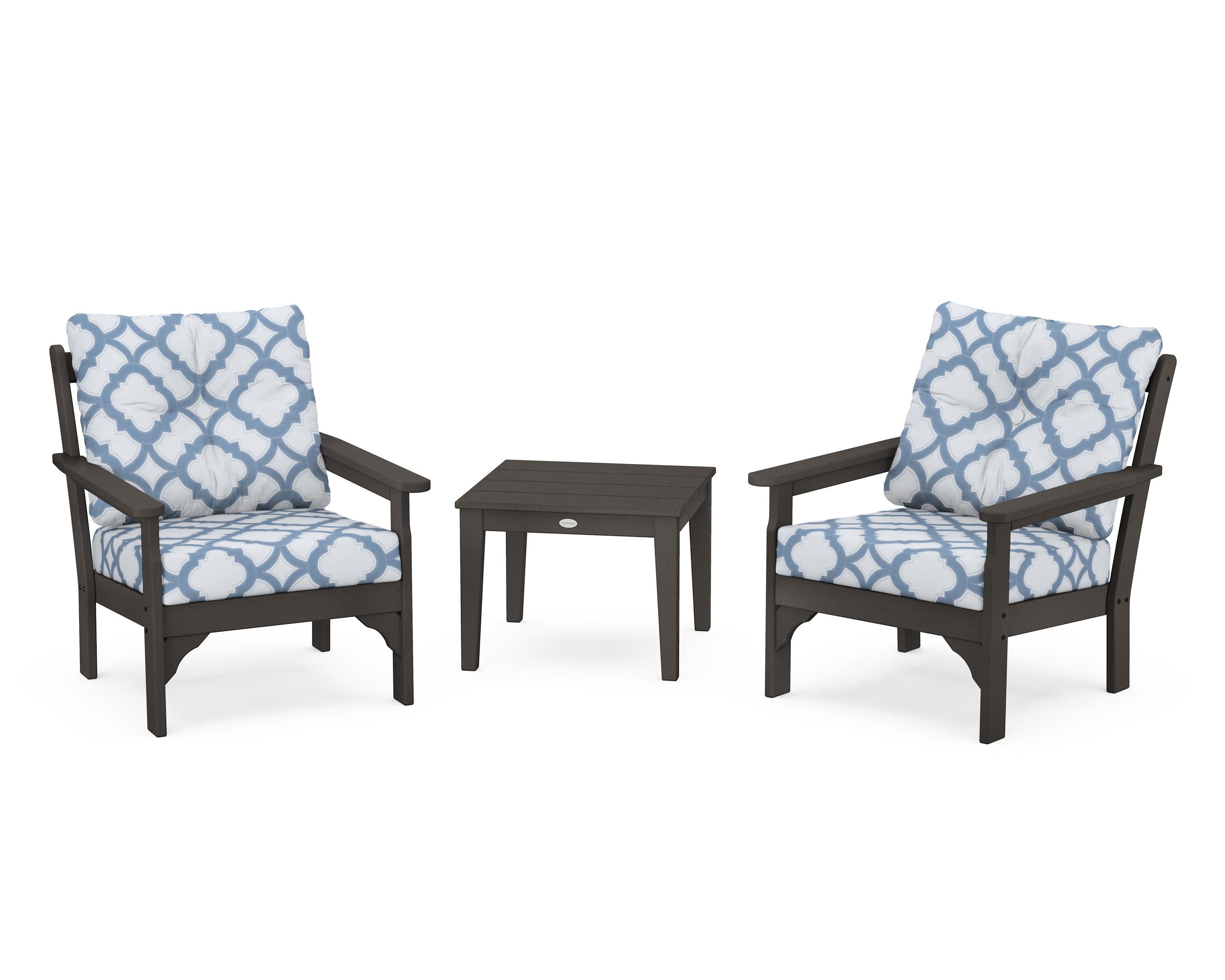 Vineyard 3-Piece Deep Seating Set in Vintage Coffee / Trellis Sky Blue
