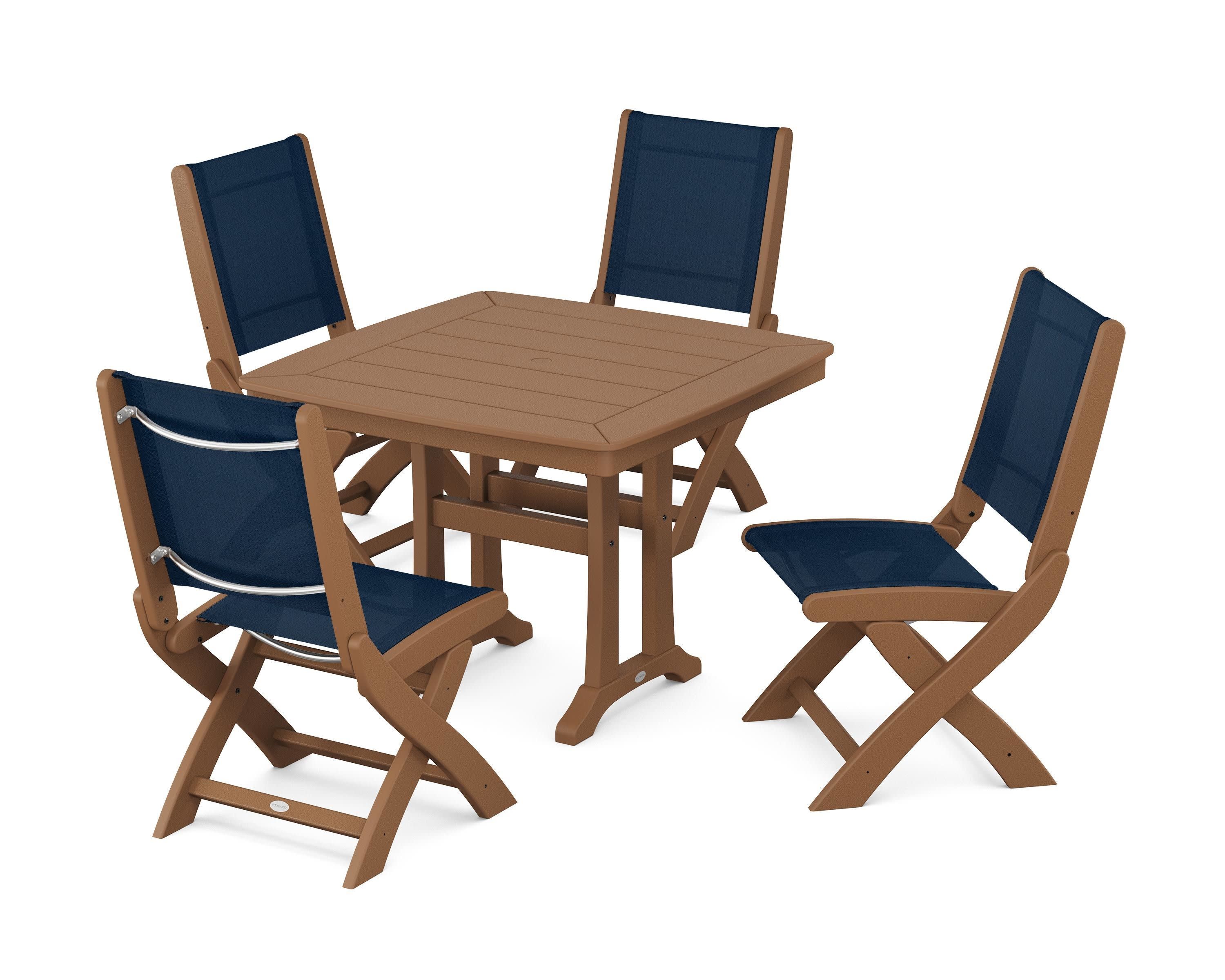 Coastal Folding Side Chair 5-Piece Dining Set with Trestle Legs in Teak / Navy Blue Sling