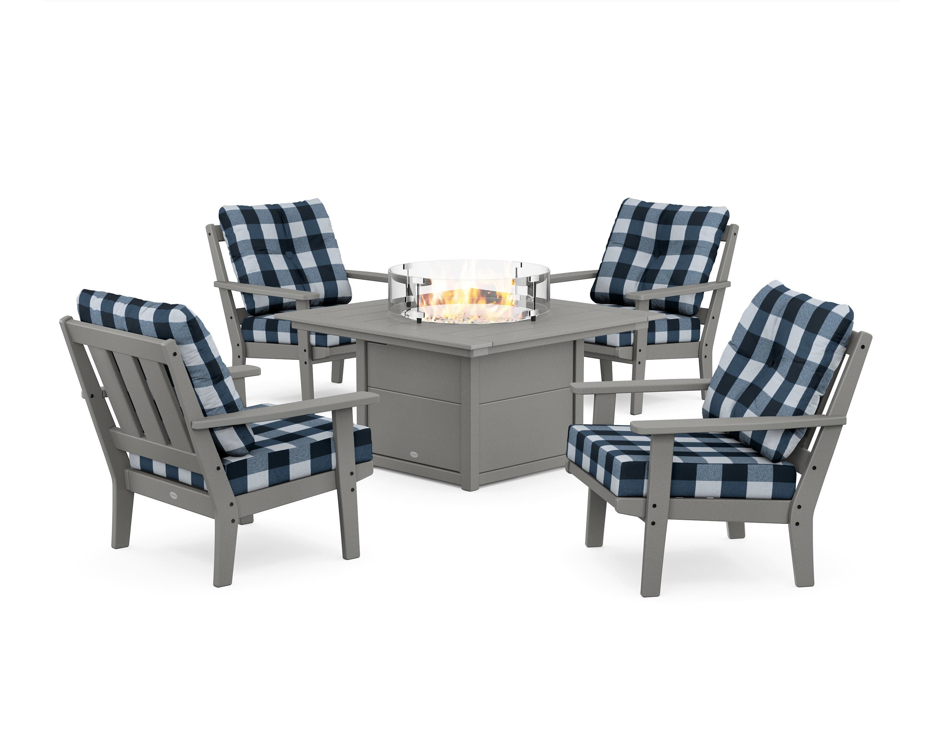 Oxford 5-Piece Deep Seating Set with Fire Pit Table in Slate Grey / Buffalo Plaid Marine Indigo