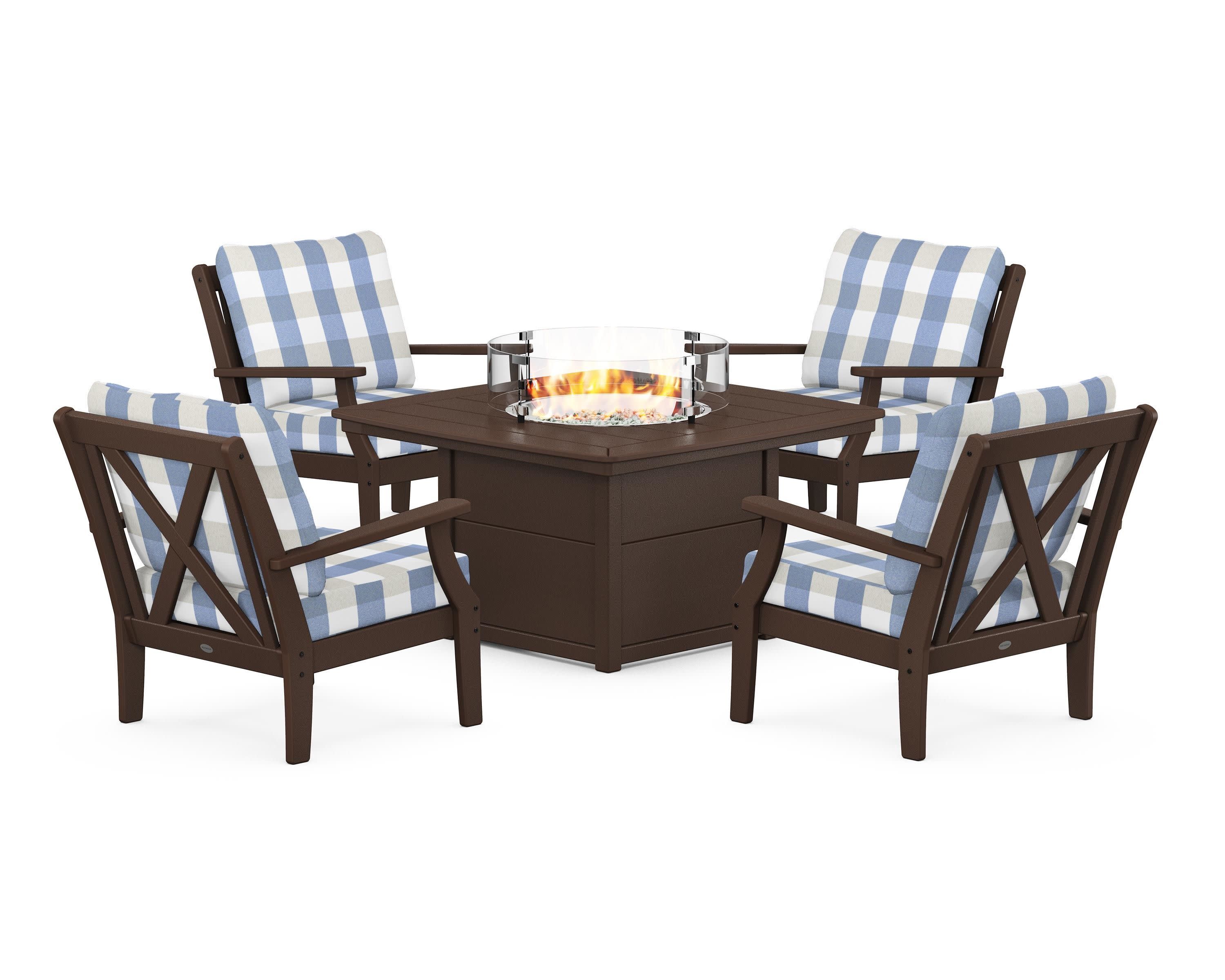Braxton 5-Piece Deep Seating Conversation Set with Fire Pit Table in Mahogany / Buffalo Plaid Sky Blue
